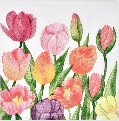 Gift Boutique 100 Watercolor Tulip Cocktail Napkins Disposable Paper Spring Tulips Garden Flower Dessert Napkin for Summer Birthday Party Supplies