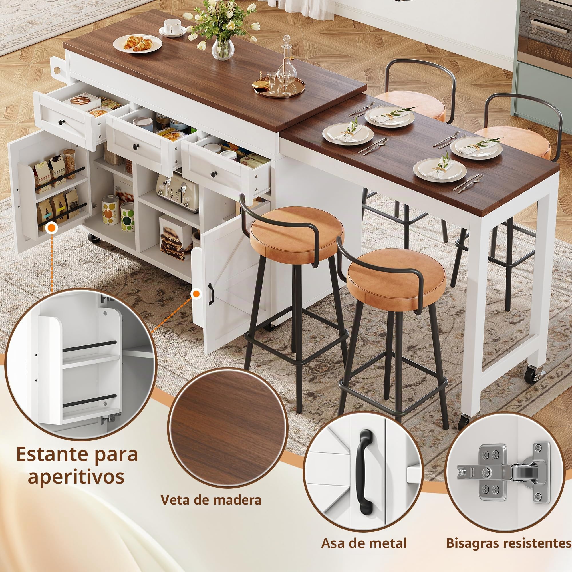 Kebnor Isla de cocina con espacio de almacenamiento, mesa de comedor extensible mesa de bar (131,5-210 cm), giratoria 360°, con cajones y armarios, superficie de trabajo versátil para cocina, comedor