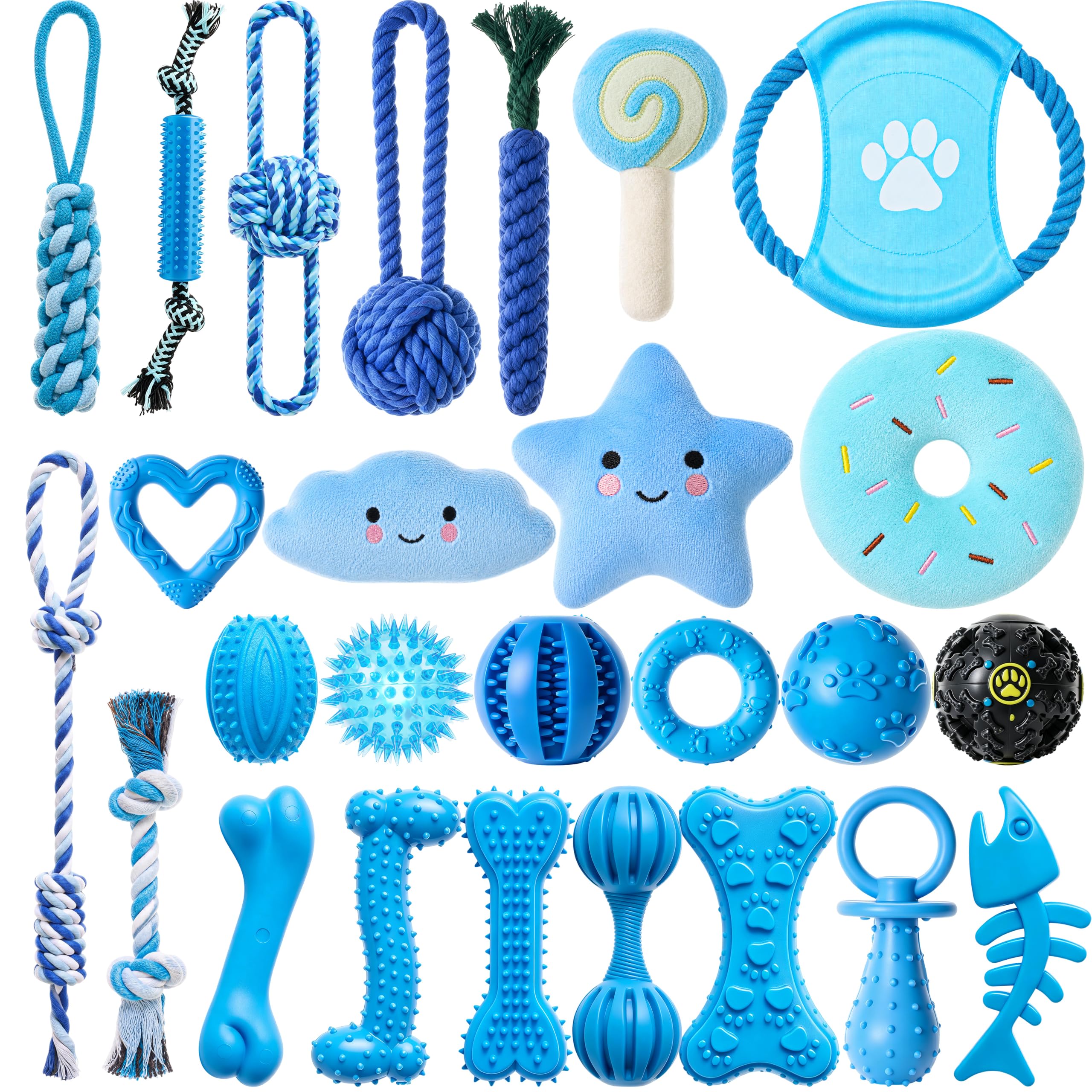 Leitee Hundespielzeug für zahnende Welpen, Kauspielzeug, quietschendes Plüschspielzeug, Gummi, Tauziehen und Seil für Welpen bis große Hunde, Blau, 40 Stück