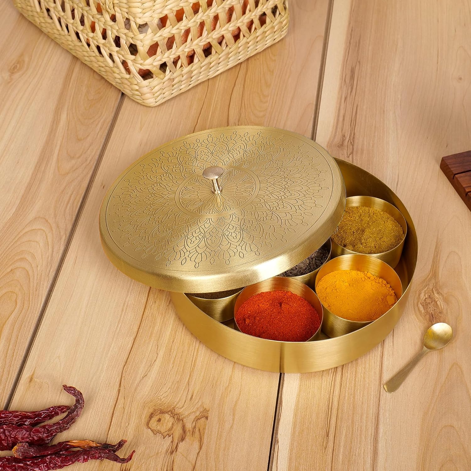 Brass Masala Box Dabba with Spoon Container 100ML-Spices Storage Rack Indian Spices Boxes Storage Box Masala Dani Brass Masala Dabba -kitchen Storage Spice Rack (8-INCH)