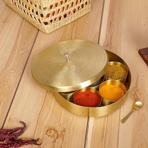 Miniatura 5 de Caja de especias india house indian masala dabba masala dabba de latón  Organizador de contenedores de especias indias de 8 pulgadas  Caja Masala de