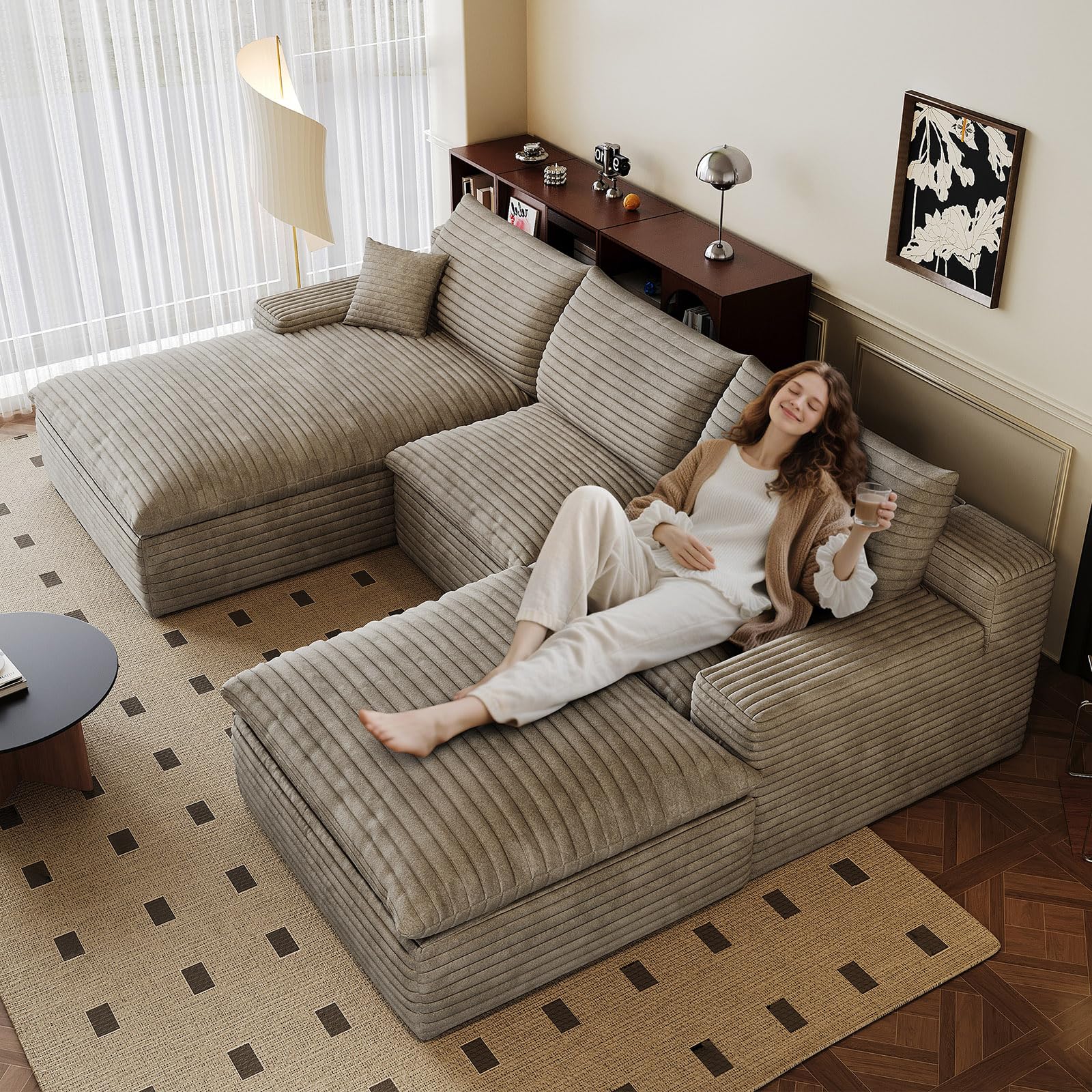 107" Cloud Sectional Couch U-Shaped Chaise with Ottoman, Corduroy Boneless Couch for Living Room Bedroom, Deep-Seat Upholstered Modular Cloud Sofa, No Assembly Required (Camel, Left Facing Chaise)