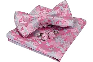 Imperial Airsoft Cotton Adjustable Pink Floral Bow Tie Set with Pocket Square Cufflinks