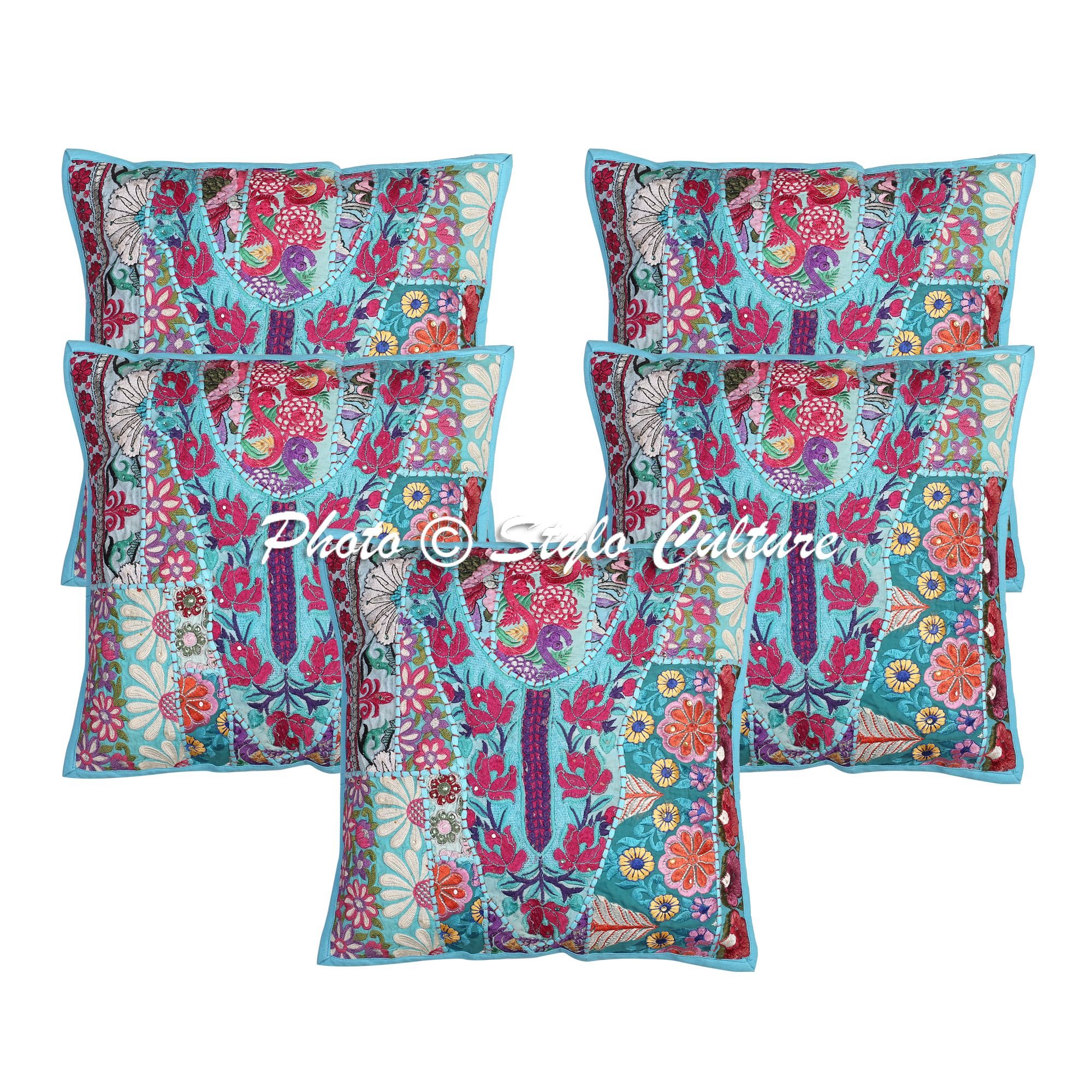 Indio Fundas Almohadones Decorativa 40x40 cm Algodón Abstracto Fundas De Cojines Sofa Turquesa 16x16 Inch Labor De Retazos Cuadrado sobre Funda Cojin Cama - 5 Pcs