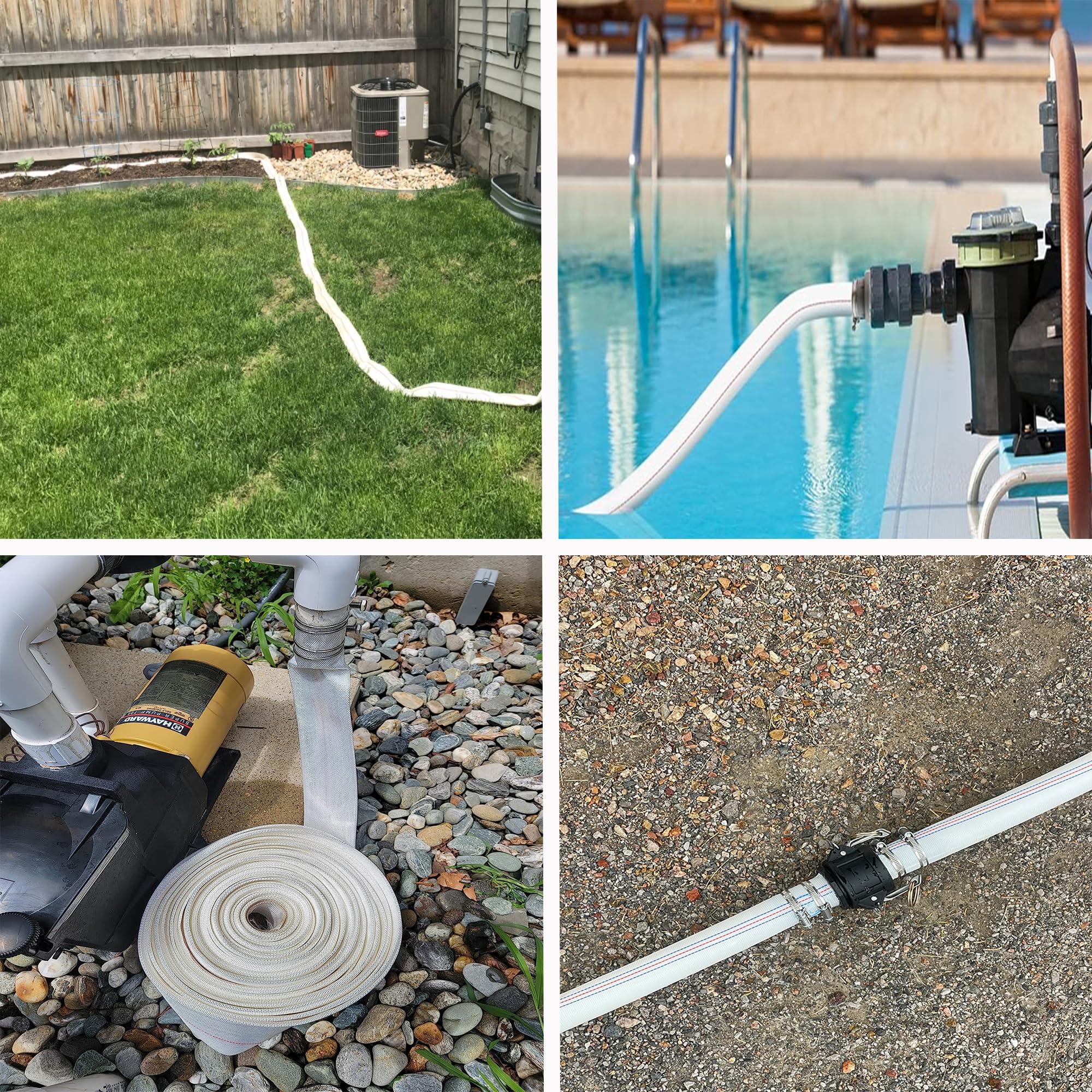Manguera de retrolavado de 1-1/2 pulgadas de diámetro interior x 100 pies, manguera de descarga de piscina, manguera de agua de PVC resistente con 2 abrazaderas, tubo de drenaje de bomba plana