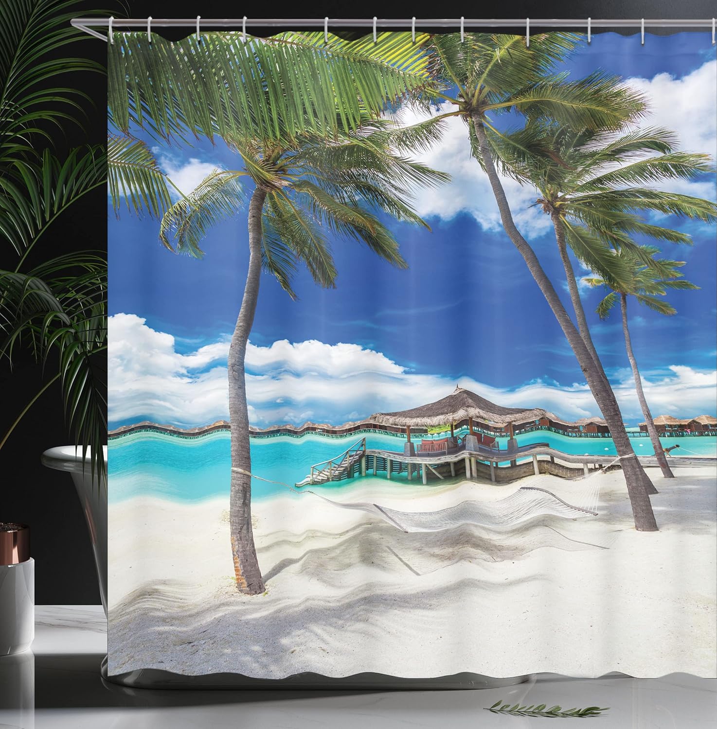 Ambesonne Beach Shower Curtain, Empty Hammock Between Palm Trees Beach with Vibrant Summer Sky Picture, Cloth Fabric Bathroom Decor Set with Hooks, 69" W x 75" L, Coconut Blue