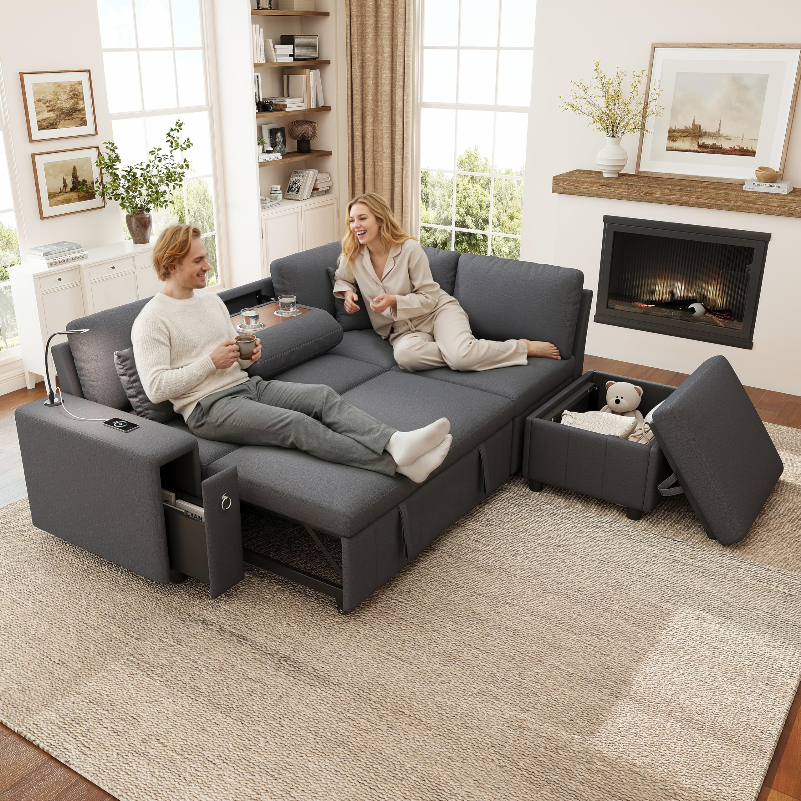 Ecksofa mit Schlaffunktion & Ausziehbett – Modulare Couch für Wohnzimmer & Heimkino, mit USB/Type-C, Leselicht, klappbarem Tisch, Getränkehaltern, Stauraum-Hocker, Leinen, grau