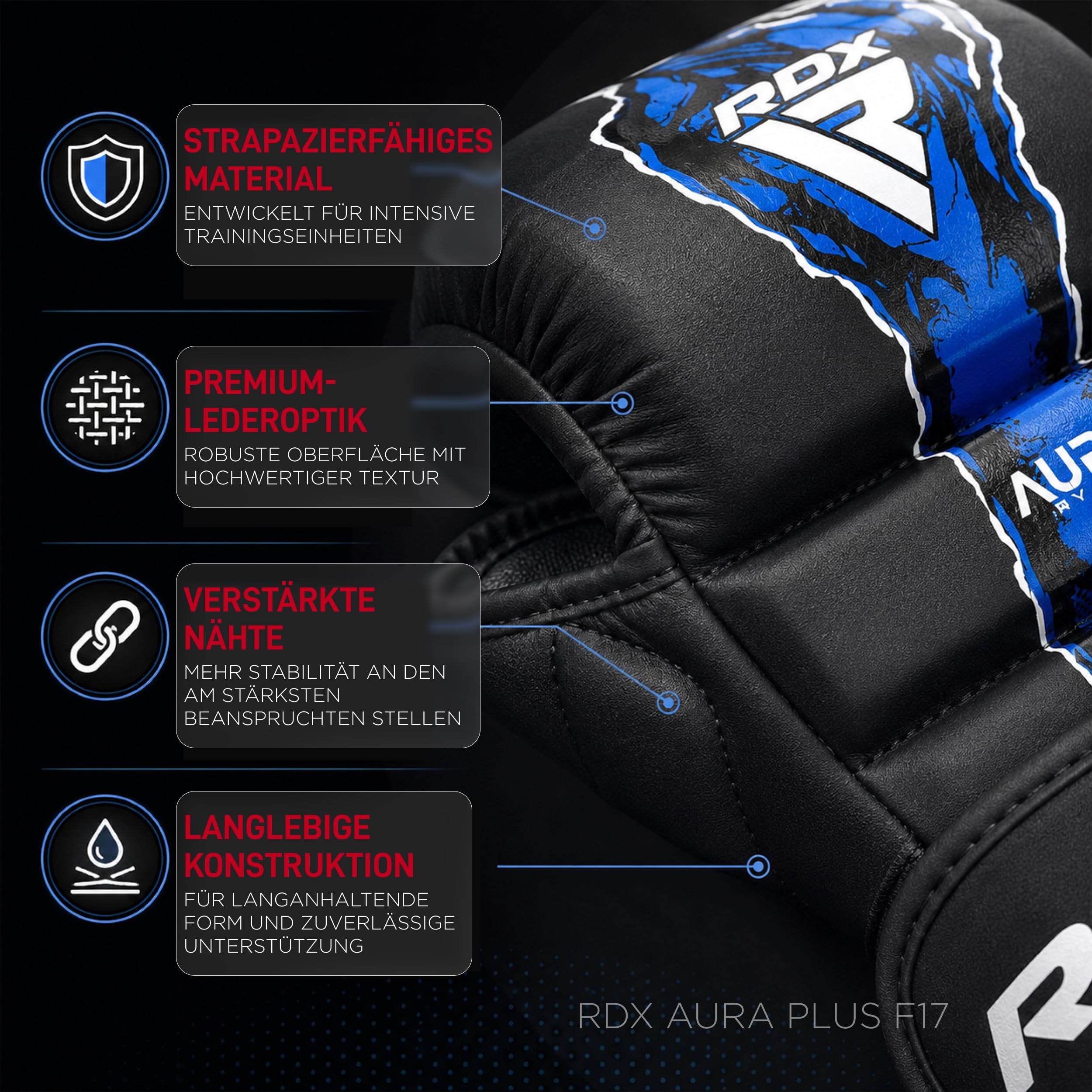 RDX Aura Plus F17 MMA Handschuhe für Herren und Damen, Grappling Handschuhe mit offener Handfläche, Sparring Handschuhe für MMA, Bodenkampf und Grifftechniken, Stoßdämpfende Polsterung, MMA Gloves