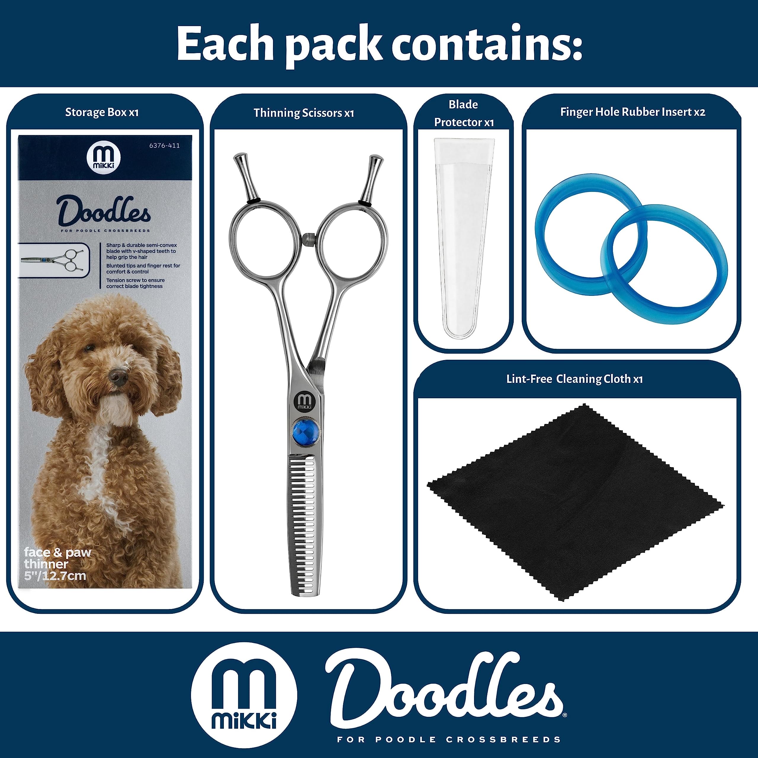 Mikki Doodle, Hunde- und Welpenschere zum Ausdünnen von Gesicht und Pfoten, scharfe und haltbare halbkonvexe Klinge, V-förmige Zähne, verstellbare Spannschraube für Kontrolle und Präzision, 12,7 cm