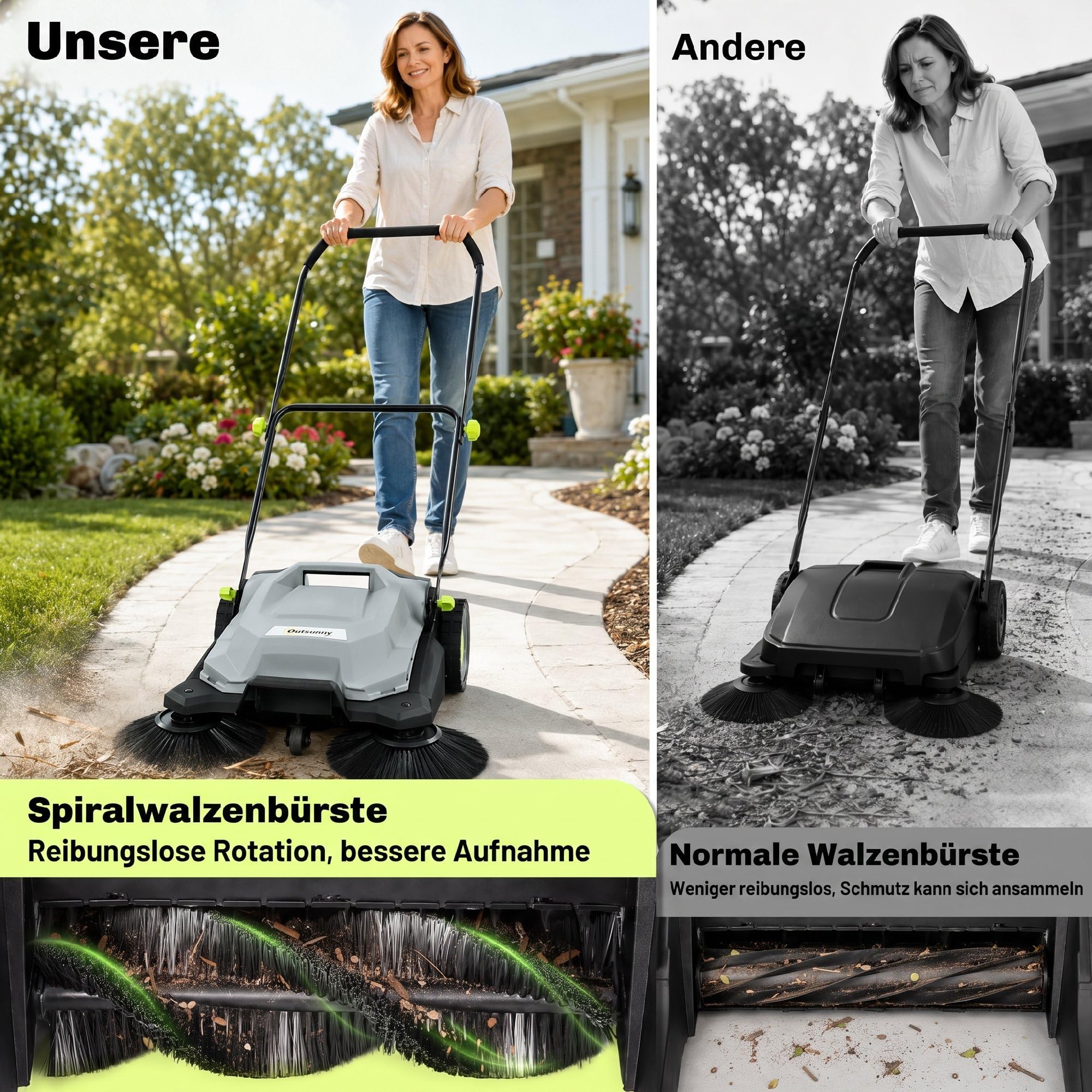 Outsunny Kehrmaschine manuell 68 cm Kehrbreite 24 L Schmutzbehälter