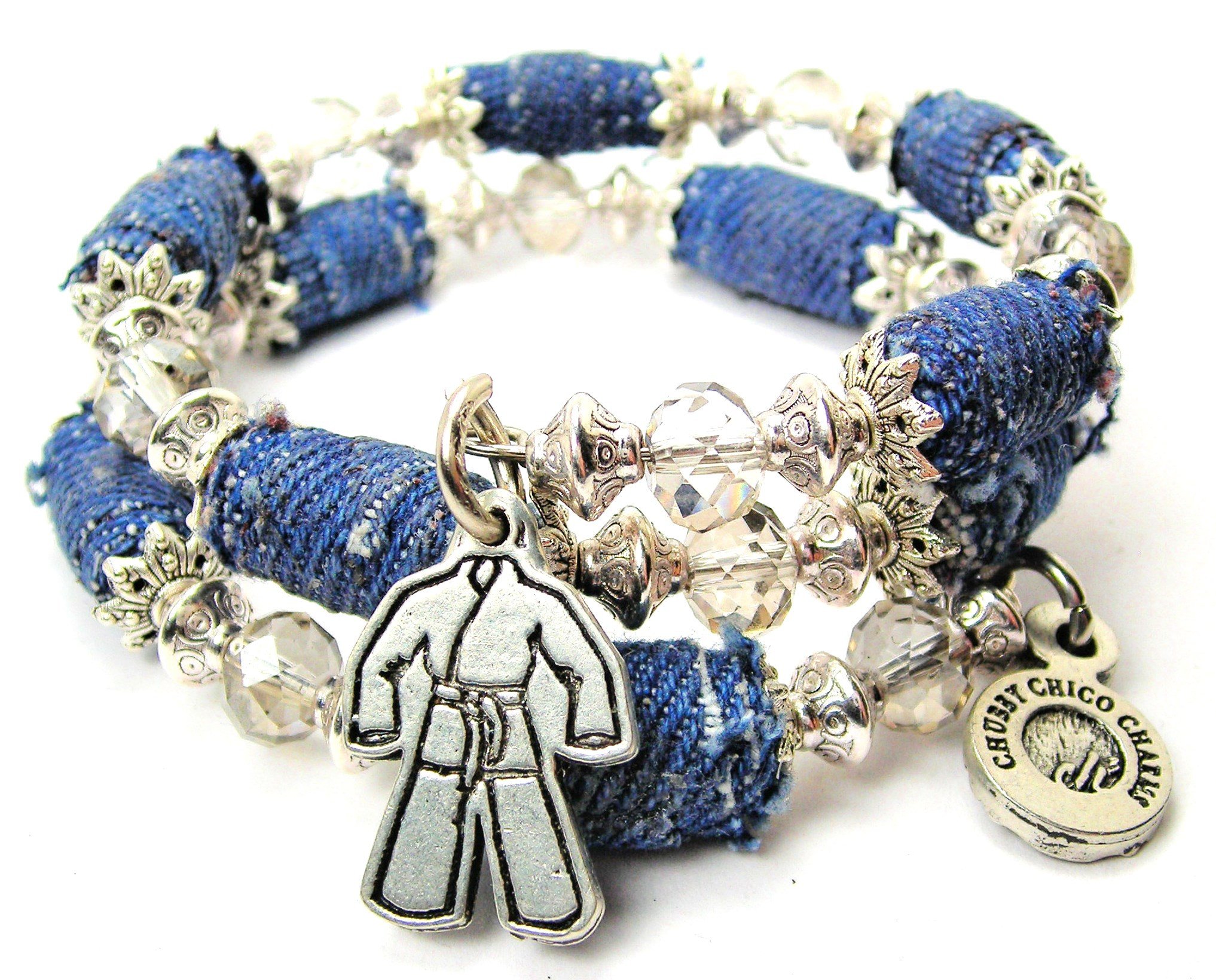 ChubbyChicoCharms Karate Gi Denim Bead Wrap Bracelet, Fits up to 8 Inches