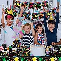 Vista 8 de Suministros de fiesta de neón que brillan en la oscuridad, manteles de neón para fiestas, vajilla de fiesta brillante, vasos, platos y servilletas