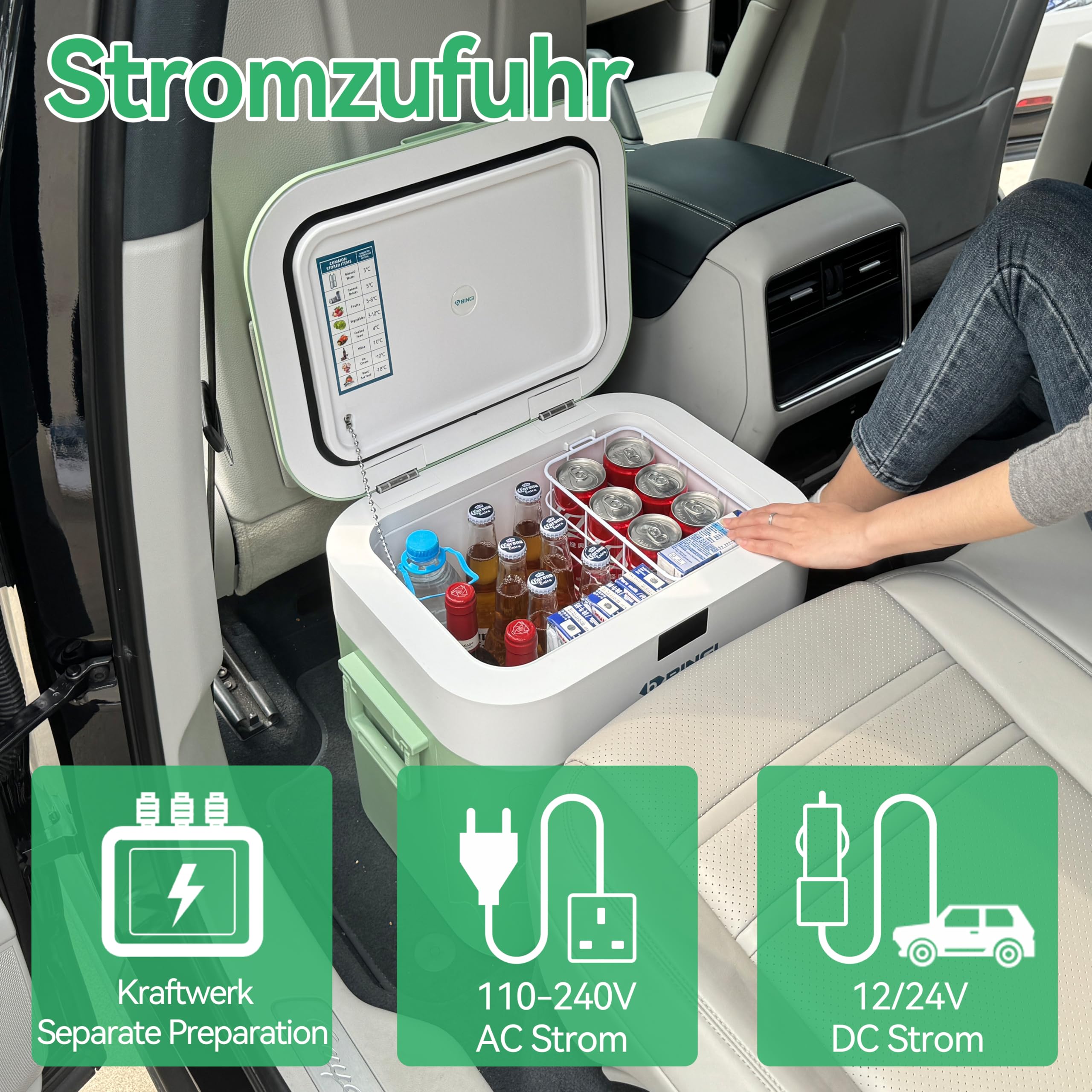 BINGI Kompressor Kühlbox 22 Liter 12/24V DC 230V AC Mini Gefrierschrank Auto Camping Wohnmobil