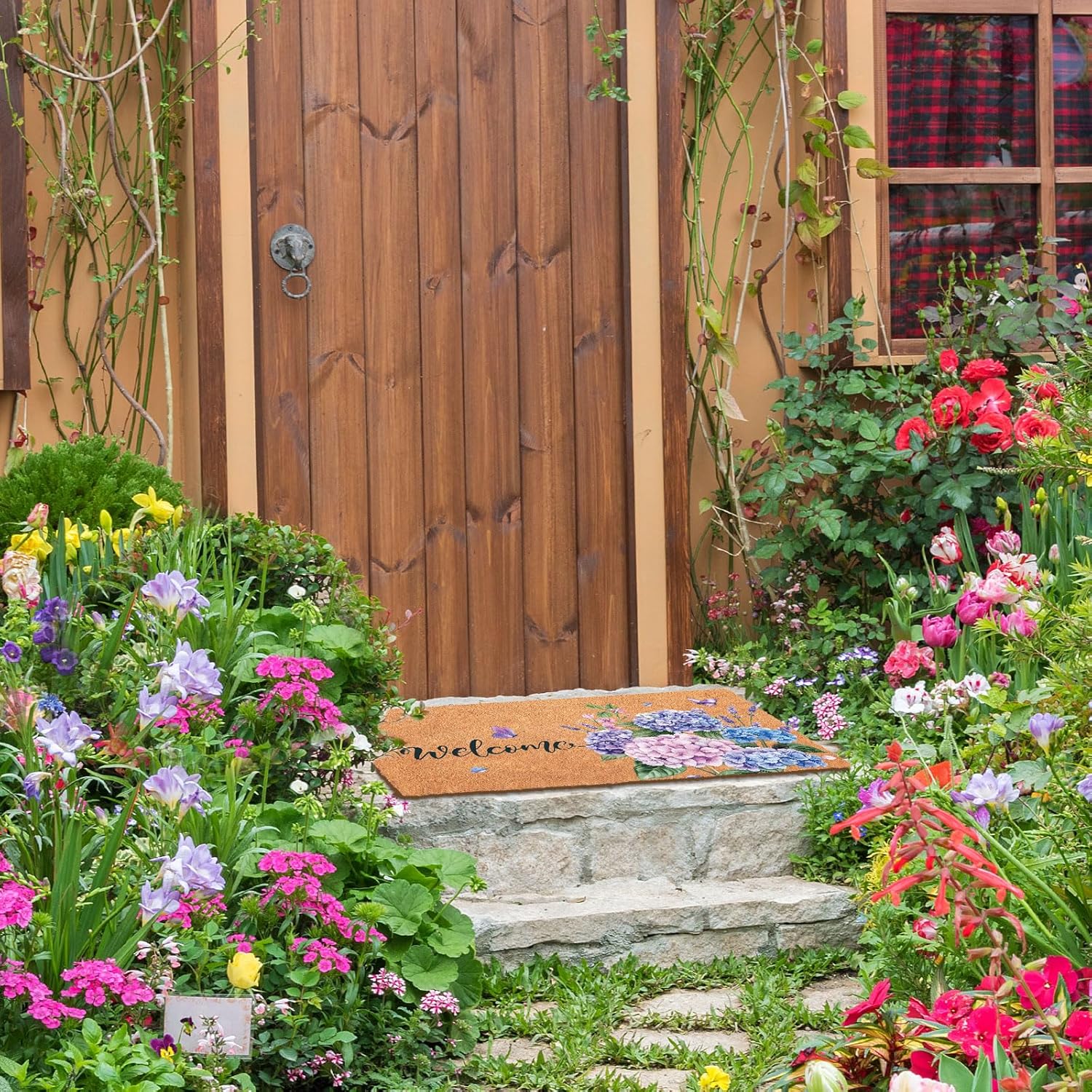 Blosssound Spring Hydrangea Nature Coir Doormat 17x29 Inch Summer Butterfly Welcome Mats Hydrangea Rugs Decorative Front Porch Rugs Non Slip Entrance Kitchen Door Mat Indoor and Outdoor Home Decor