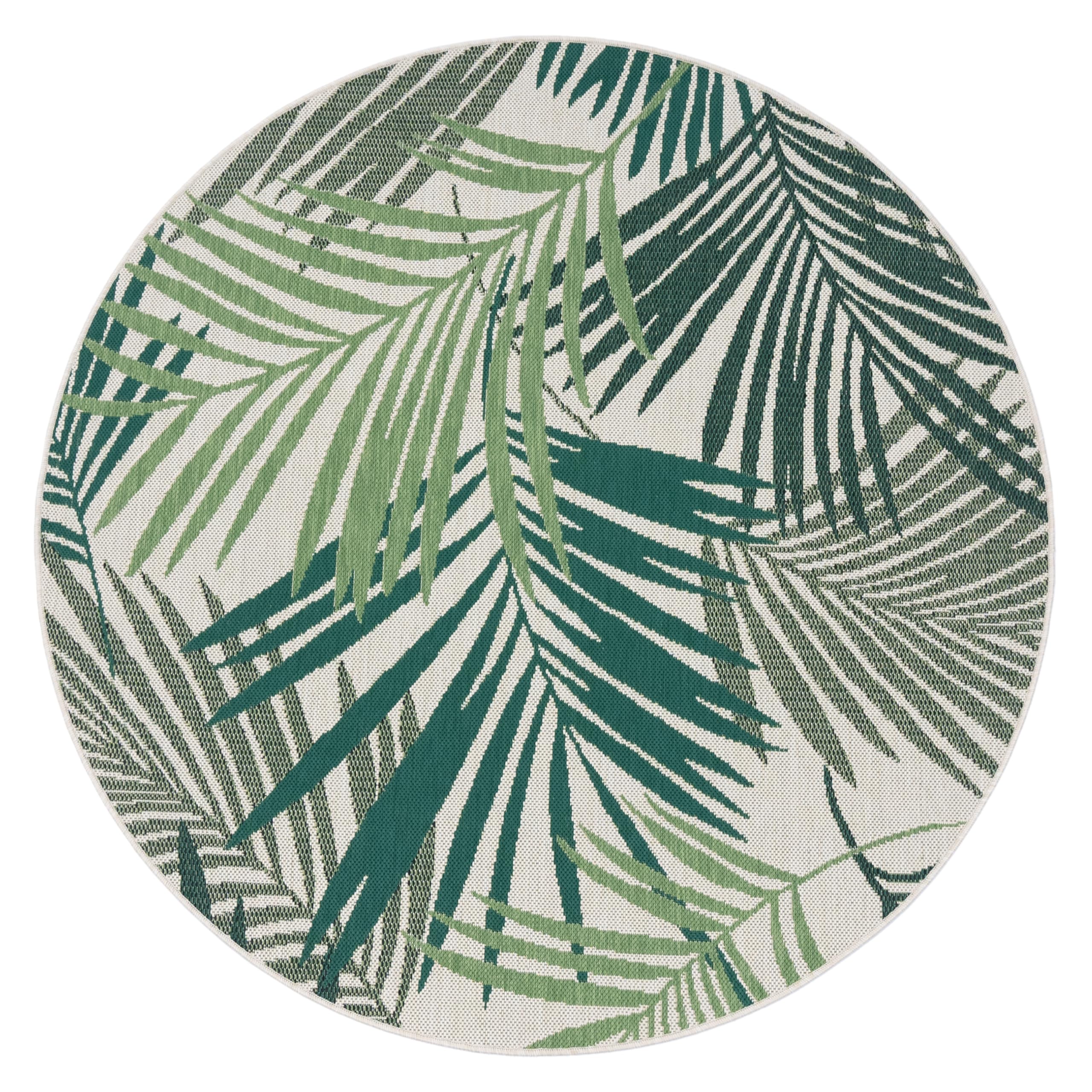 Paco Home Alfombra Interior Y Exterior De Tejido Plano Jungla Diseño Floral Palmeras Tallado Verde, tamaño:Ø 120 cm Redondo OEKO-TEX STANDARD 100