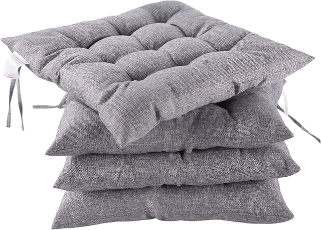 HAMO Seat Pads for Dining Chairs, 40x40cm Grey Kitchen Chair Cushions with Ties Set of 4, Exactly What You Need for Your Living Room, Kitchen, Garden, Office And More