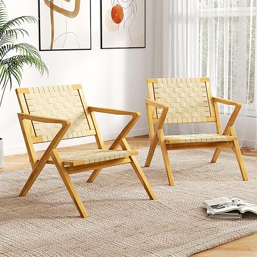 Miniatura 6 de Tangkula Silla de comedor de madera de teca para exteriores, sillón rústico de madera para patio con asiento y respaldo de cincha, para sala de