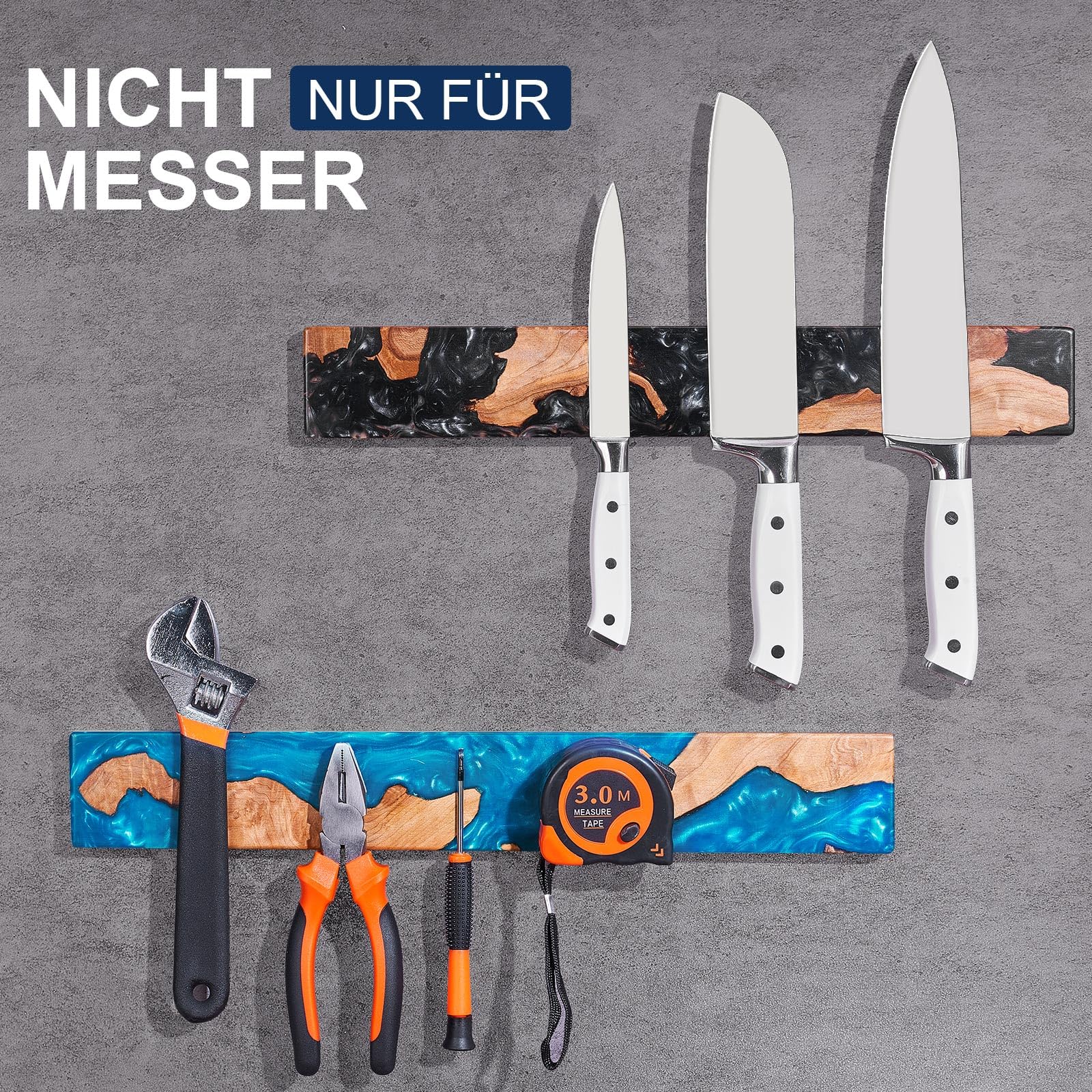 ENOKING Magnetische Messerleiste 40cm, Magnet Messerhalter aus Akazienholz & Schwarzem Resin, Magnetischer Messerhalter Wand mit Starker Magnetkraft, Messerleiste Wandmontage mit Kleben oder Bohren
