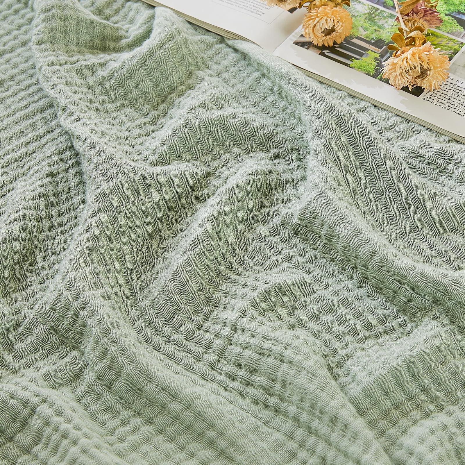 EMME Cotton Muslin Large Throw Blanket Couch Breathable Gauze Soft Lightweight Bed Blankets Adults (Heather Sage Green, 50"x70")