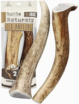 Mighty Paw Split Elk Antlers for Dogs Sourced in The USA | 2 Whole Medium 6"+ Long Lasting Bones for Aggressive Chewers - Naturally Shed Split Deer Antler for Dogs - Low Odor Chews Pack of 2