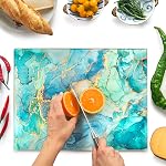 Kitchenville Glass Cutting Board 16"x12": Tempered Glass Kitchen Counter Protector - Durable- Scratch-Resistant, Heat-Proof - Design 9 - Teal Ocean