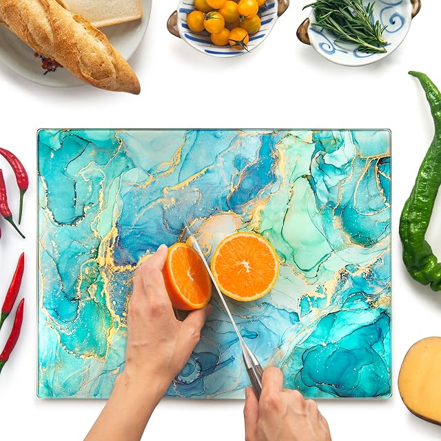 Kitchenville Glass Cutting Board 16"x12": Tempered Glass Kitchen Counter Protector - Durable- Scratch-Resistant, Heat-Proof - Design 9 - Teal Ocean
