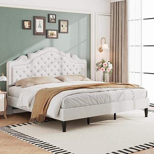 Miniatura 9 de WEEWAY Base de cama Queen con cabecero curvado de tiara ajustable de terciopelo y alta resistencia, plataforma tapizada con botones de diamante con
