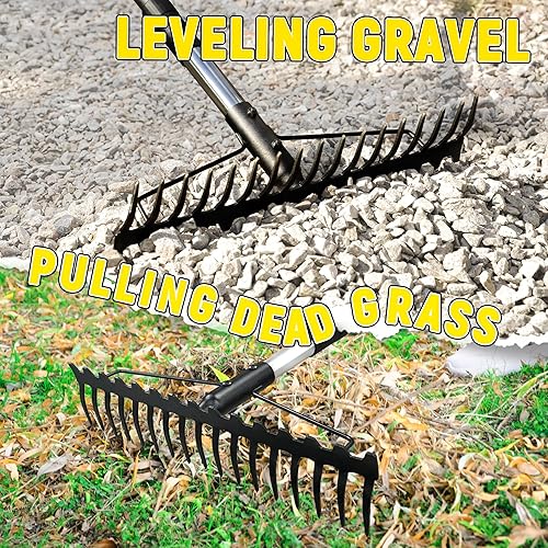 Miniatura 4 de Rastrillo de arco, rastrillo de jardín con mango ajustable de 68 pulgadas con 17 púas de acero, rastrillo de metal resistente de doble cara,