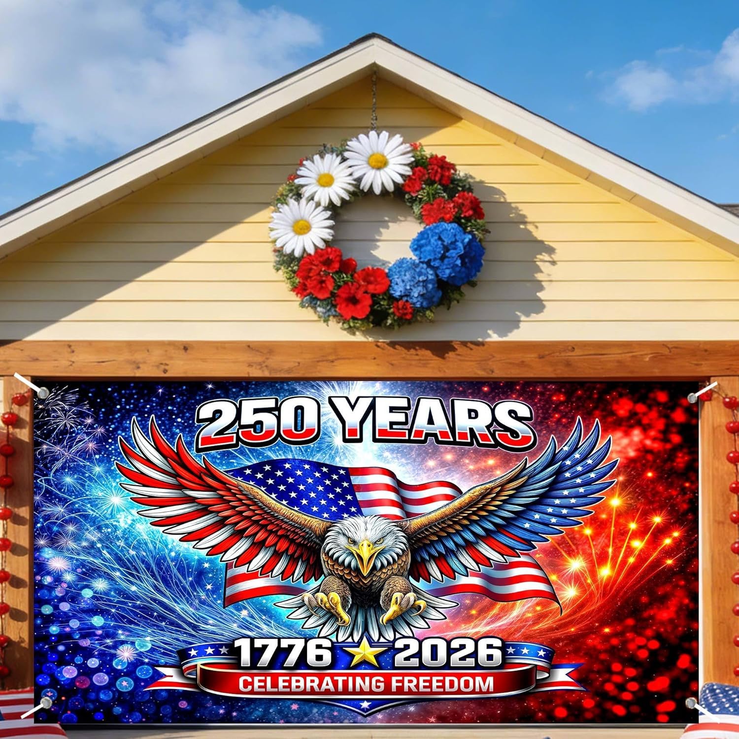 American 250th Birthday Garage Door Cover Decoration, 4th of July Eagle Photograph Backdrop America 1776-2026 USA Banner 250th Anniversary Garage Door for Independence Day Patriotic Decor 16X7FT