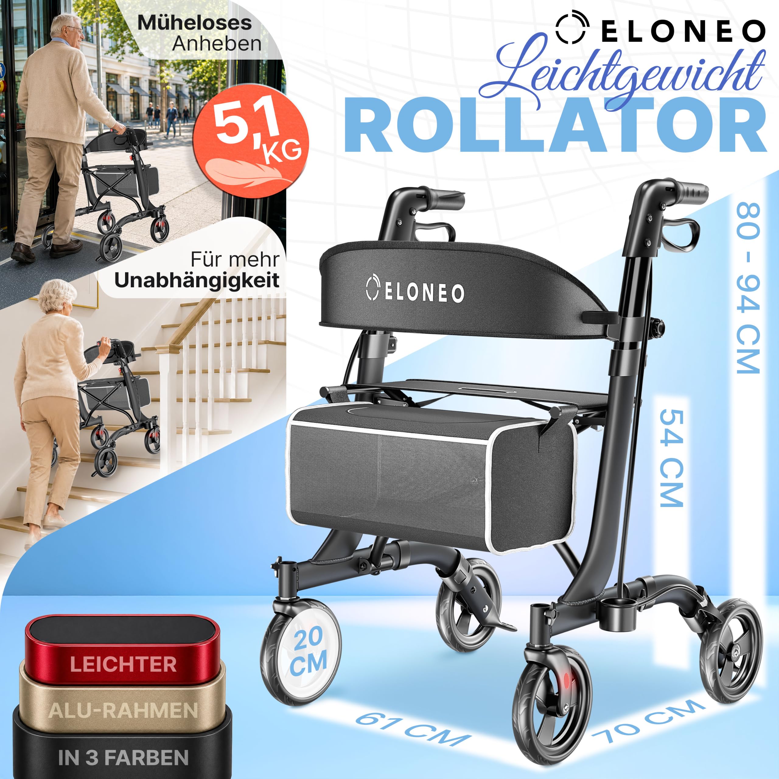 ELONEO Rollator faltbar und leicht mit Sitz - ultraleicht (5,1kg), Leichtgewicht-Reiserollator aus Aluminium, Gehhilfe höhenverstellbar und faltbar, Laufhilfe mit Tasche & Schirmhalter, schwarz