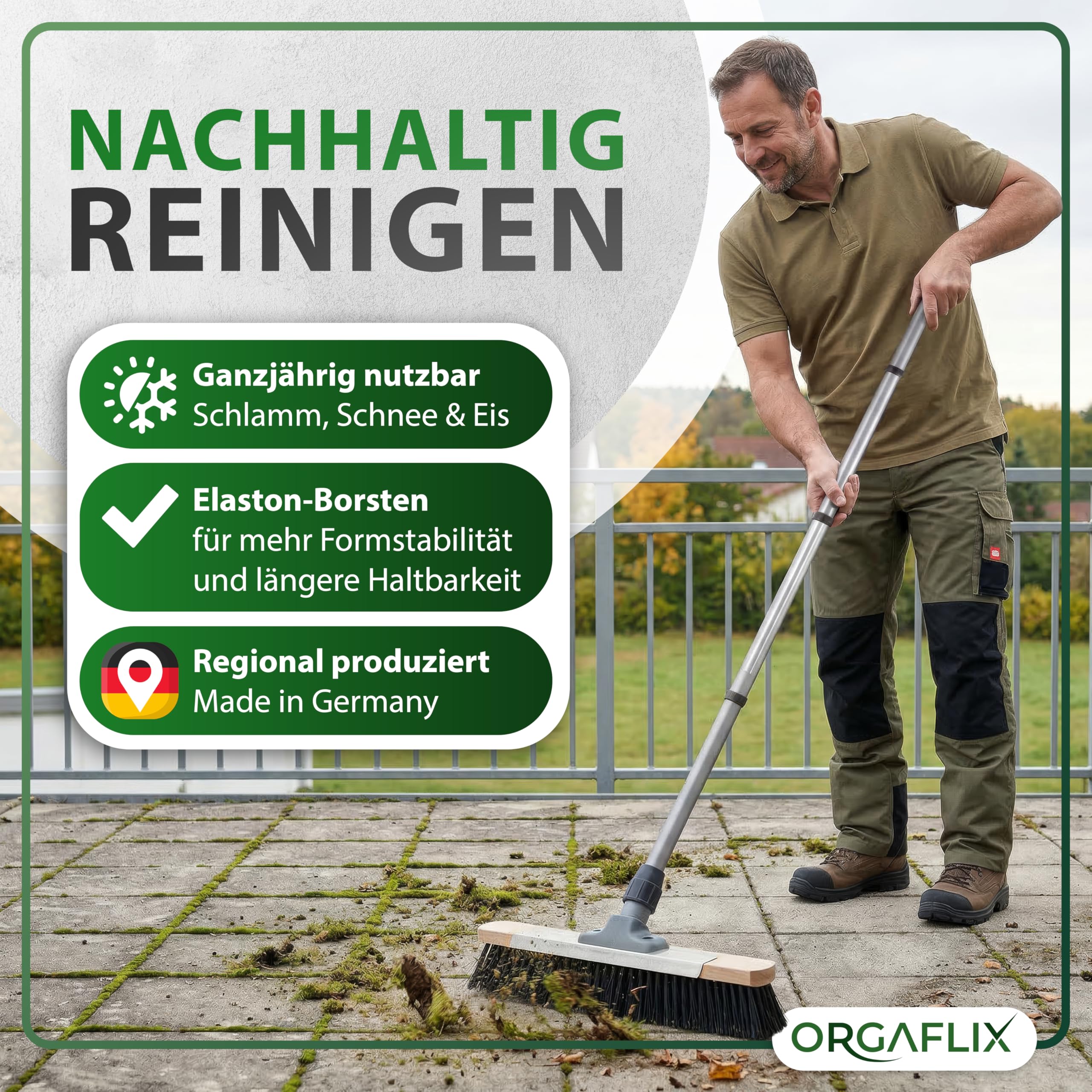ORGAFLIX Straßenbesen mit Stiel 40cm, Gartenbesen mit Schabekante und Elastonborsten für hartnäckigen Schmutz, Erde, Kies, Kehrbesen für Außenbereiche, aus Deutscher Herstellung, Stiel aus Italien