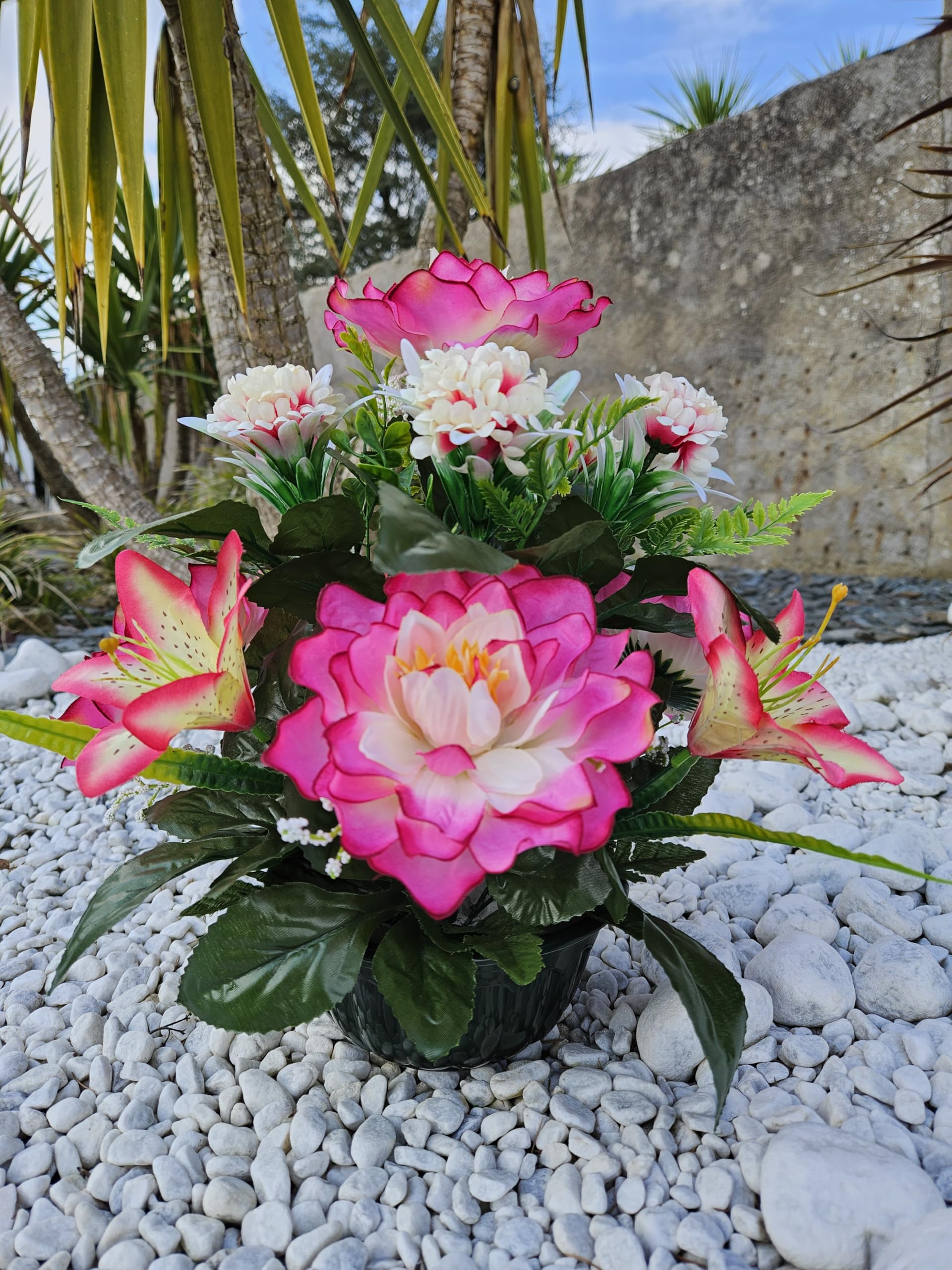 Composition Florale Artificielle Cimetière Roselynexpress Composition Fleurs Artificielles Lestée Ciment - Pour Extérieur, Décoration Durable, Pot Inclus Décoration Lestée Ciment Résistante