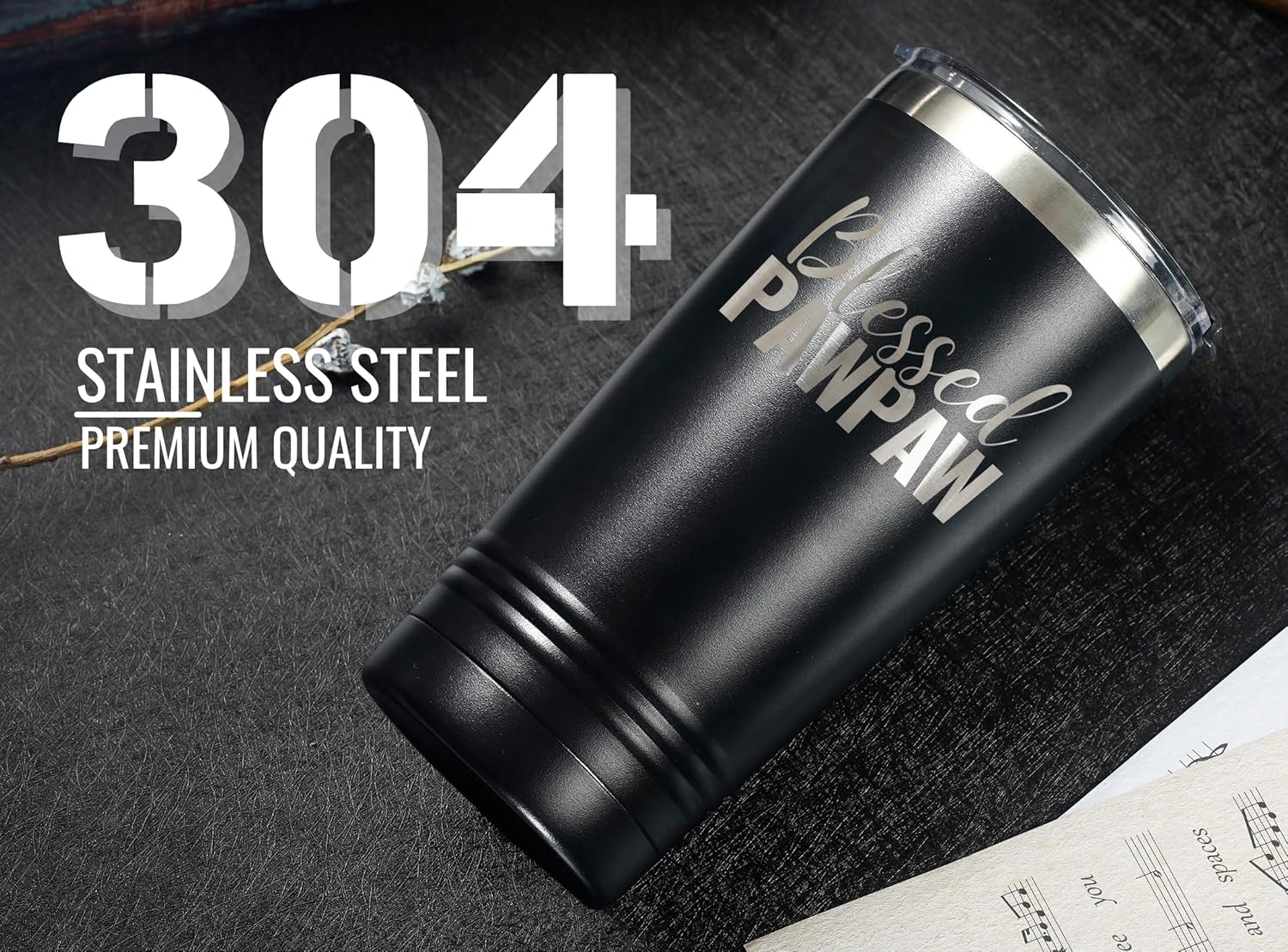 Onebttl Pawpaw Gifts, Grandpa Gifts from Grandchildren, Father's Day Gifts for Pawpaw, Laser Engraved Design, 20oz/590ml, Stainless Steel Tumbler with Straw & Lid, Black - Blessed Pawpaw - Image 4