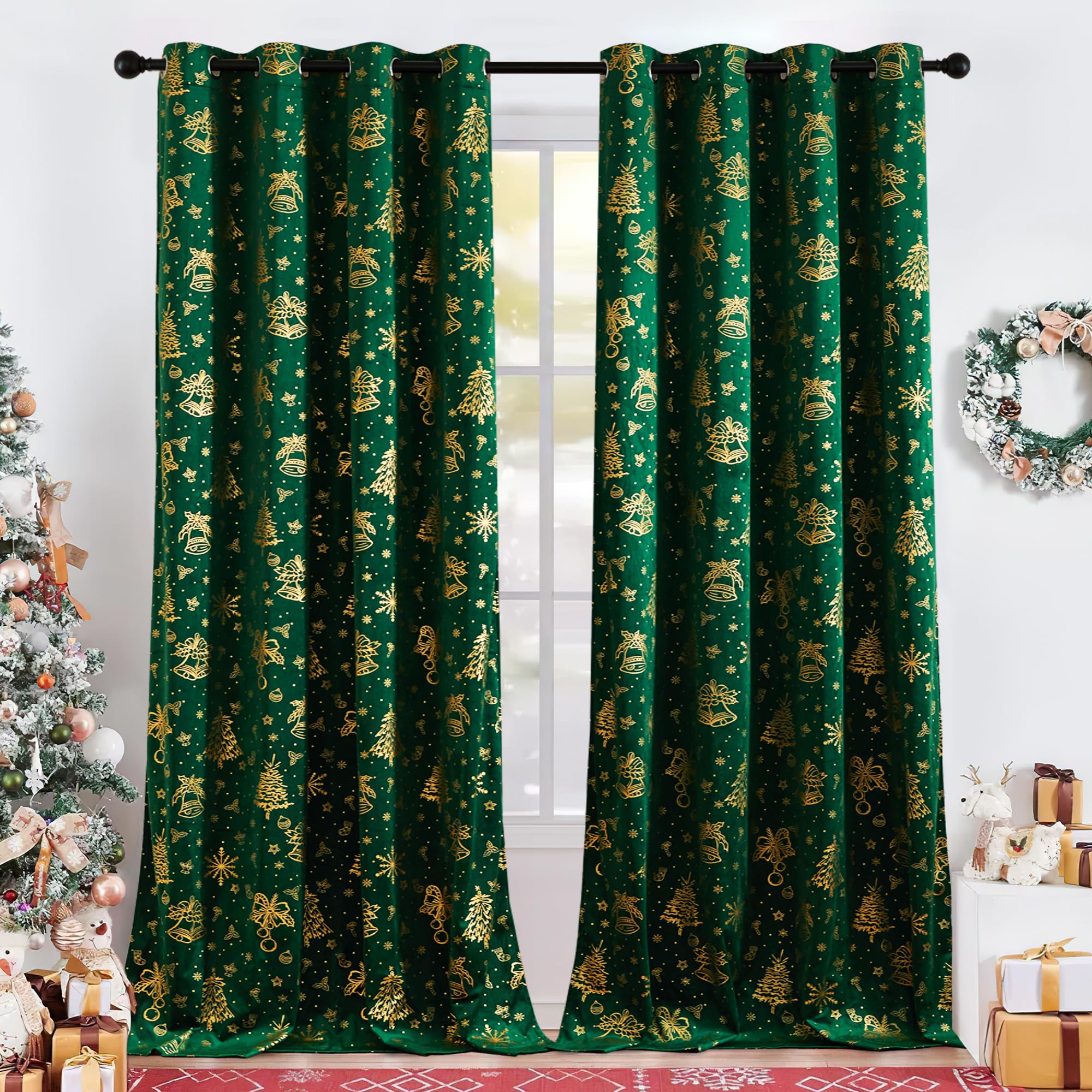 PONY DANCE Cortinas de Navidad para Salon Cortinas Opacas Terciopelo Cortinas Termicas Aislantes Frio y Calor Cortinas Estampadas Verde Oscuro Cortinas Dormitorio (240 g/m2), 127x240 CM