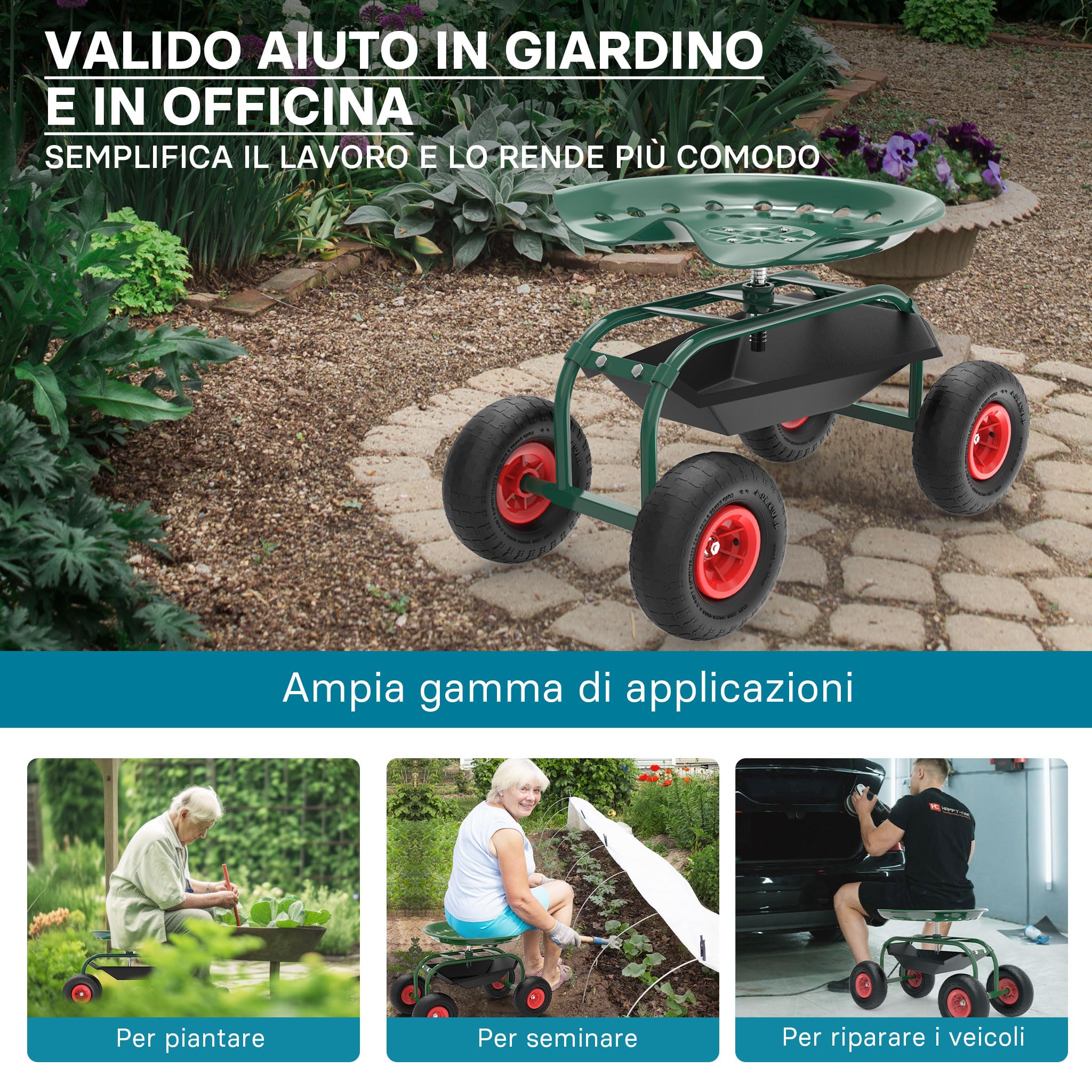 Wiltec Sgabello da Giardinaggio e Officina con Ruote e Porta Oggetti, Sgabello a Carrello, Portata 150 kg