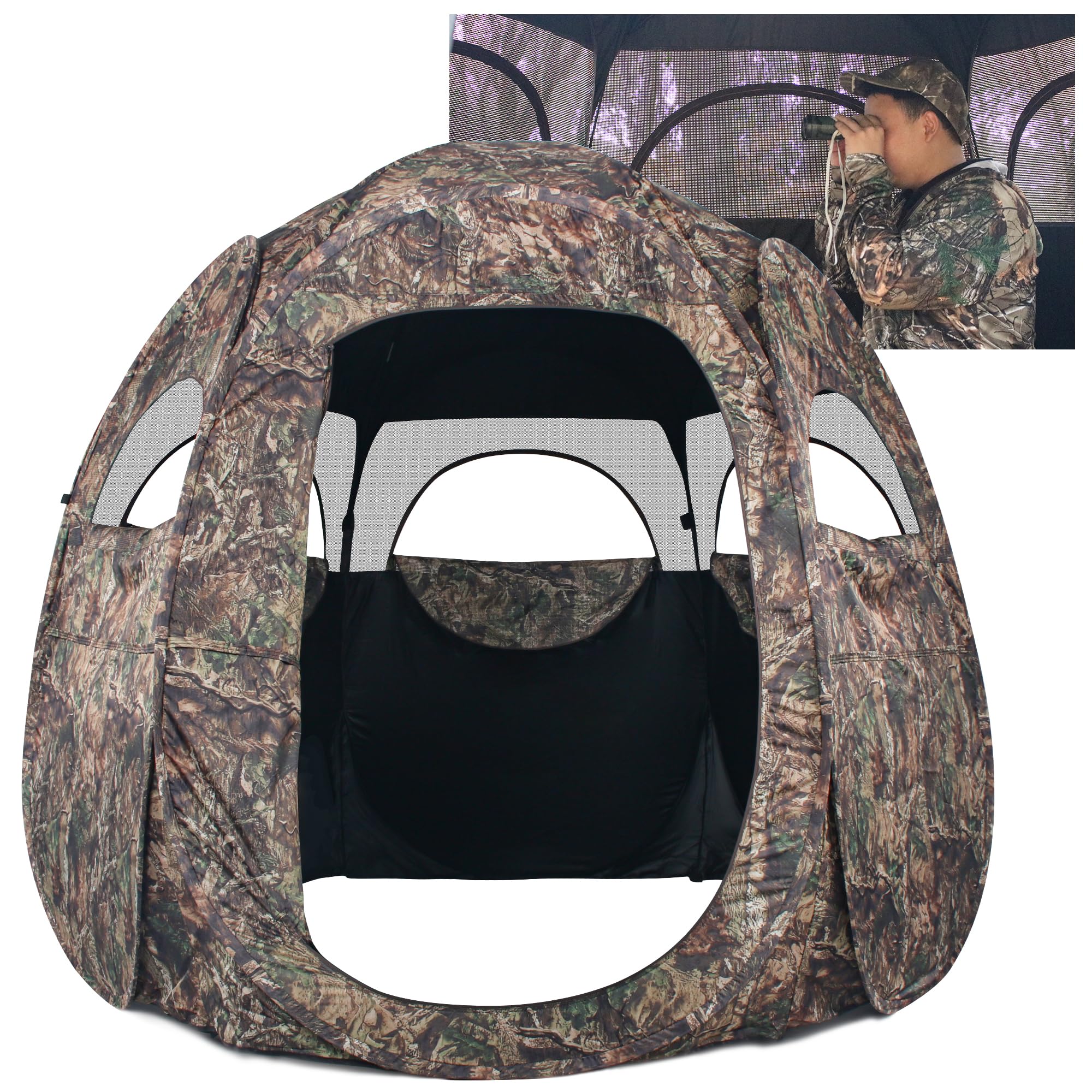 Photo 1 of HUNT MONSTER Hunting Blind 3 Person,See Through Pop up Ground Blinds for Deer Turkey Duck Hunting, Bow Hunting Accessories, Double Side Zipper Window Camouflage-brown