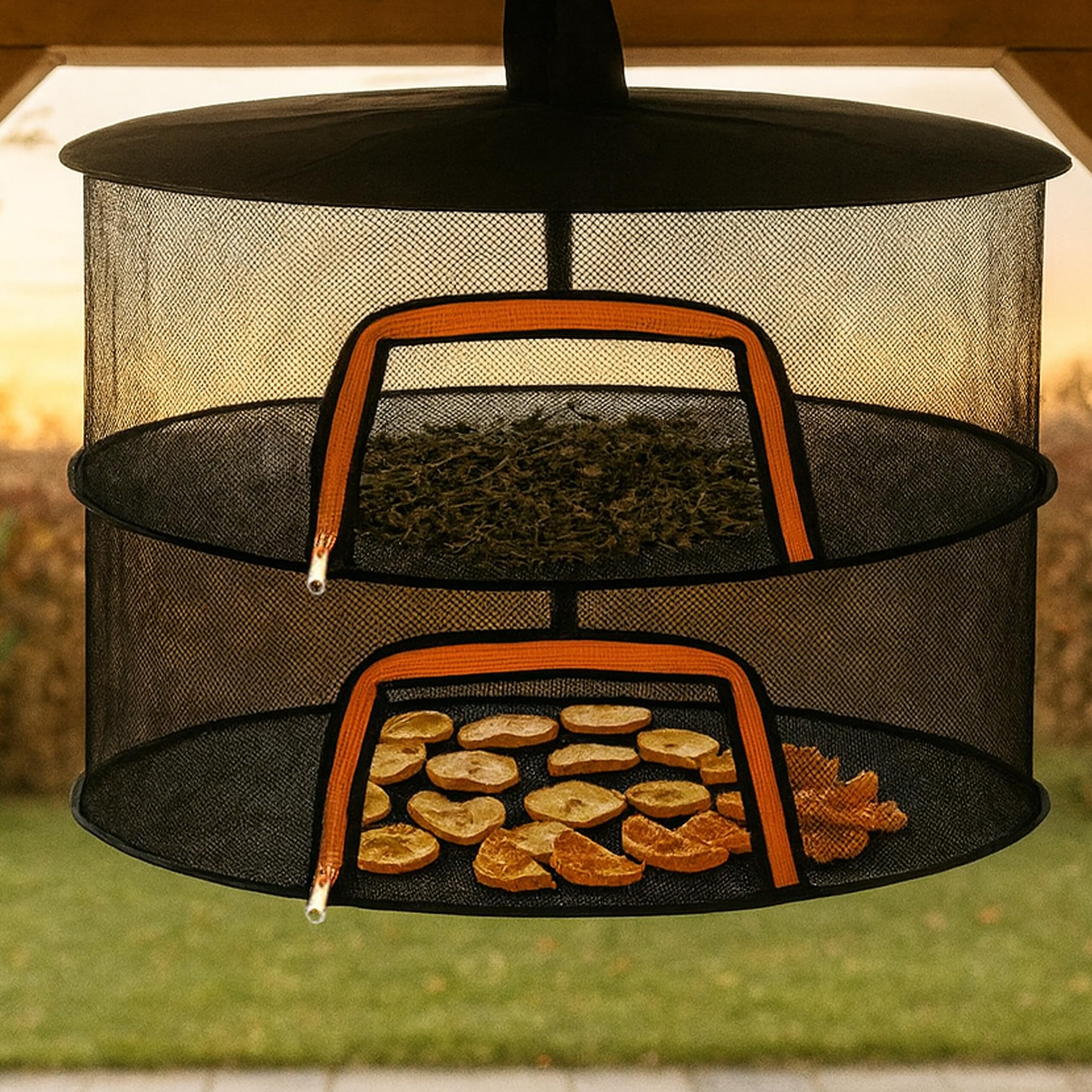 Relaxdays Rete Essiccazione Pieghevole 4 Livelli per Erbe, Frutta, Verdura, Pesce, da Appendere, Arancione/Nero 80x60x60