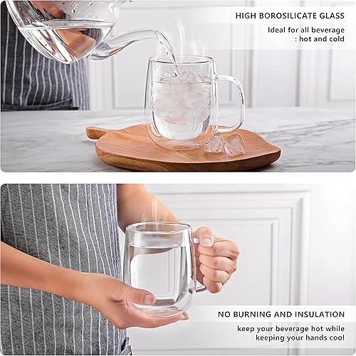 Miniatura 4 de CNGLASS Tazas de café de vidrio de 12 onzas, juego de tazas aisladas de doble pared con asa, tazas de café de vidrio transparente para café con