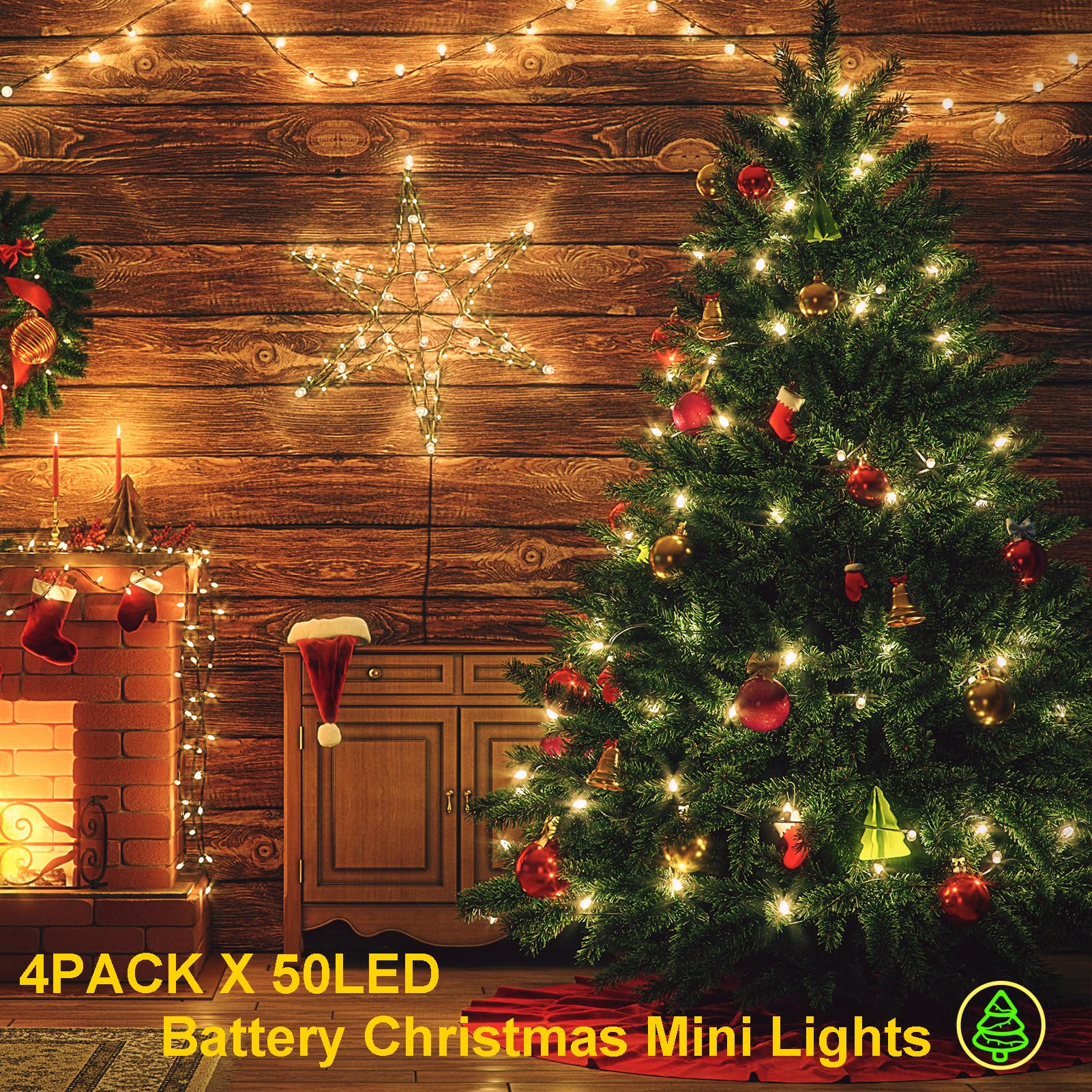 Confezione da 4 mini luci natalizie a batteria, 5 m, 50 pezzi, luci natalizie a batteria, con timer, 8 modalità, impermeabili, a batteria, per decorazioni natalizie, ghirlande di alberi
