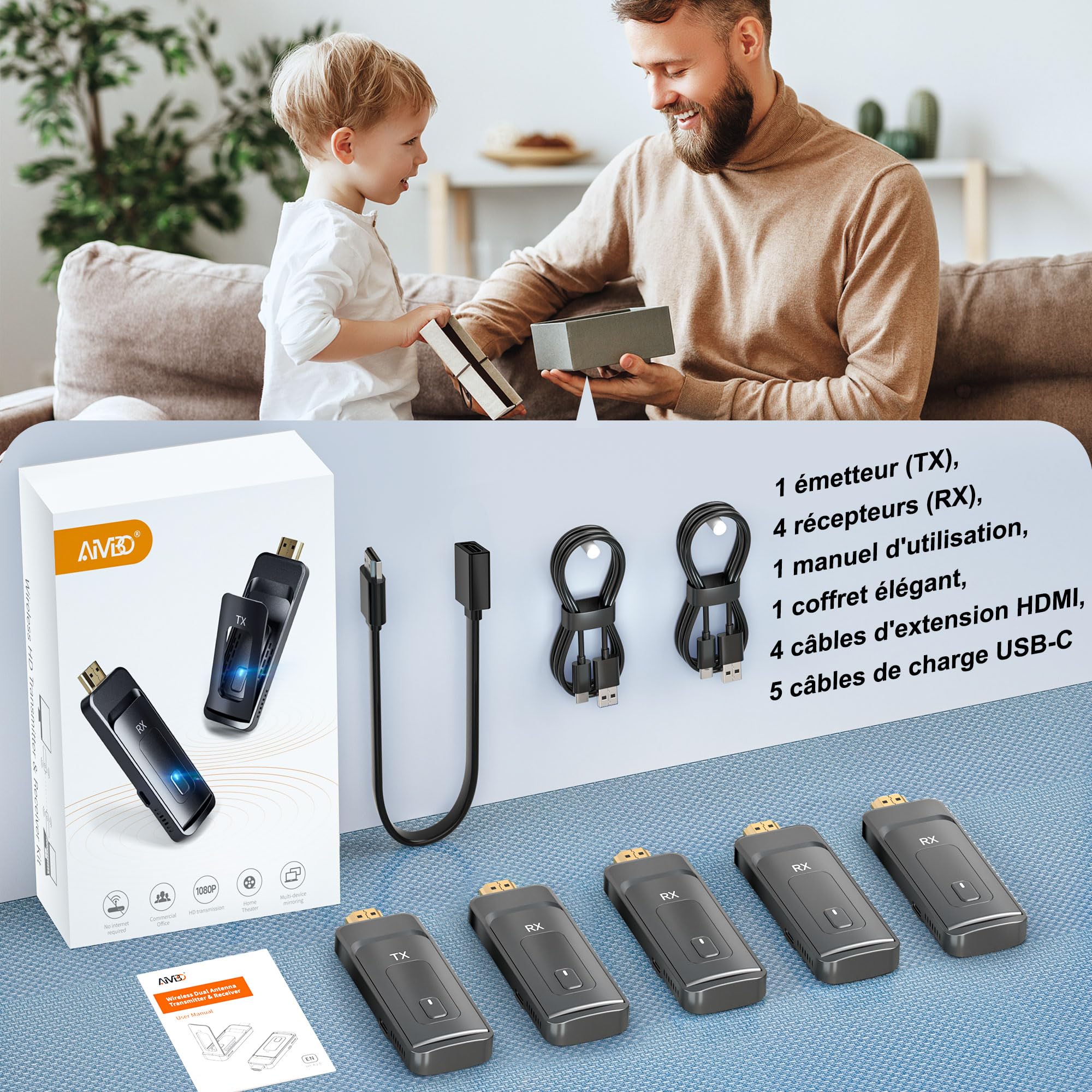 Émetteur et 4 Récepteurs HDMI sans Fil-Jusqu'à 6 TVs, 5G/1080P Extension HDMI sans Fil, Stream Vidéo pour Ordinateurs, PC, Caméras et Boîtiers TV vers Plusieurs TVs, Projecteurs ou écrans 165FT/50M