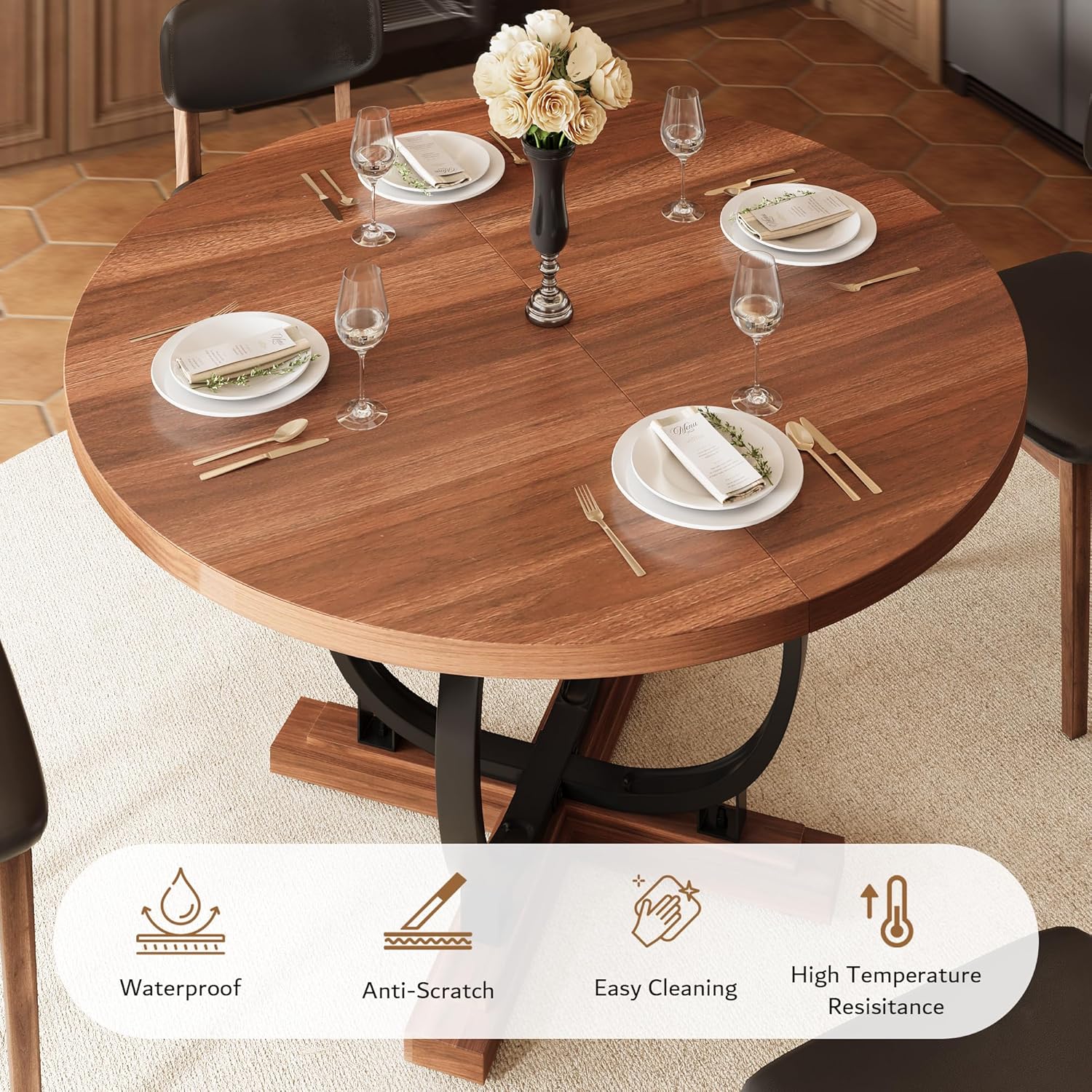 Close-up of the table surface highlighting features like waterproof, anti-scratch, easy cleaning, and high temperature resistance.