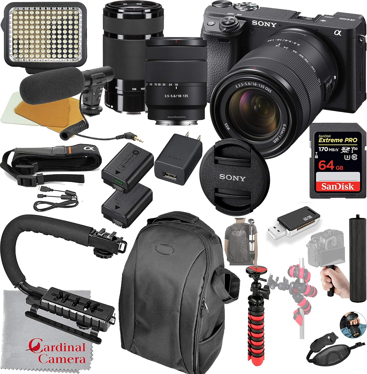 Cardinal Camera-Sony Sony Alpha a6400 Mirrorless Camera with 18-135mm and 55-210mm Lenses Video Bundle + LED Video Light + Microphone + Extreme Speed 64GB Memory(21pc Bundle), ILCE-6400M/B Cardinal Camera-Sony Sony Alpha a6400 Mirrorless Camera with 18-135mm and 55-210mm Lenses Video Bundle + LED Video Light + Microphone + Extreme Speed 64GB Memory(21pc Bundle), ILCE-6400M/B