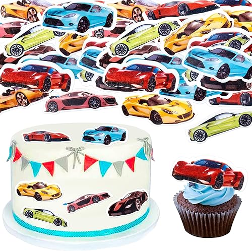 Vista 7 de 36 piezas de adornos para cupcakes de autos de carreras, decoración para fiesta de autos, suministros para cumpleaños, los suministros para fiestas