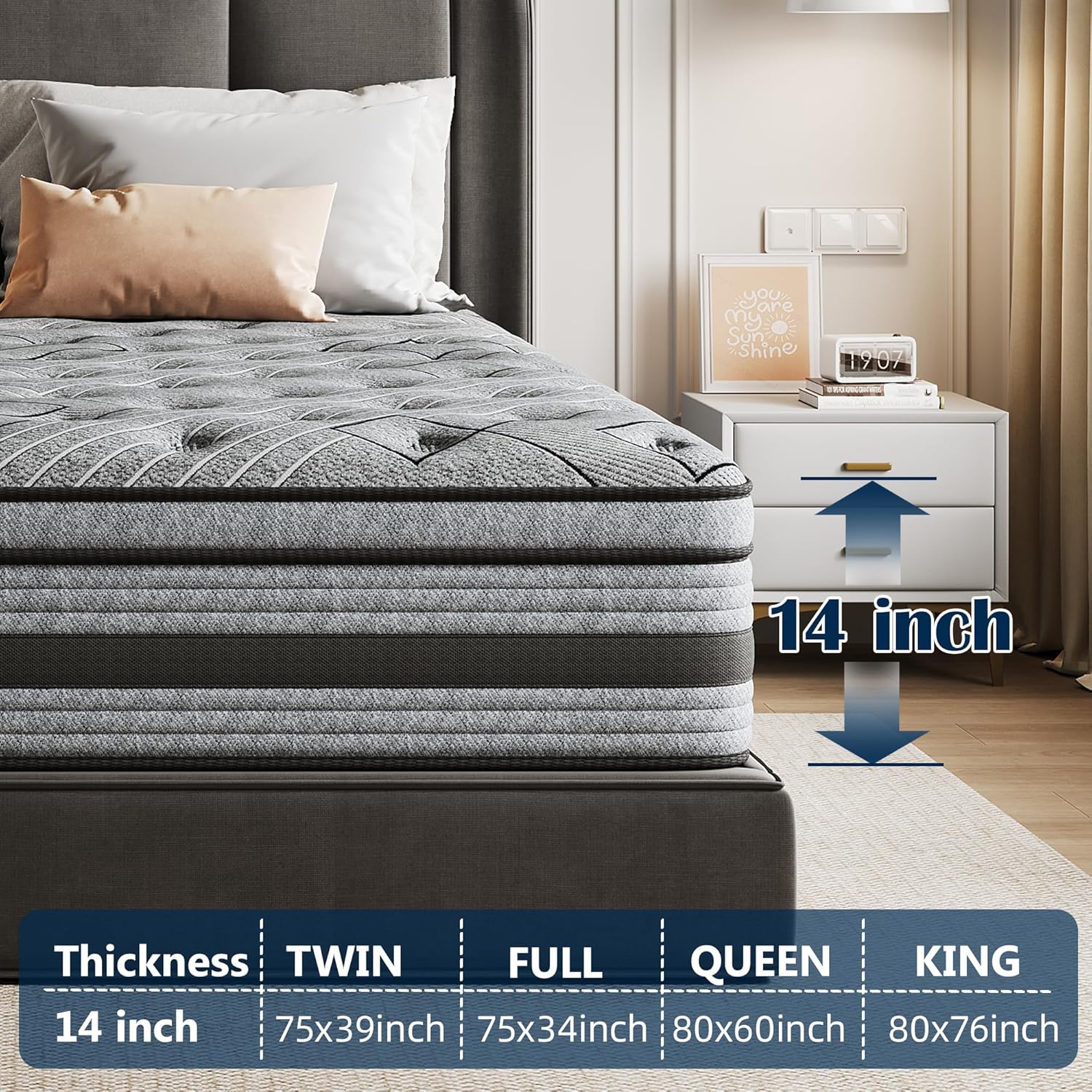 Queen Mattress,14 Inch Queen Size Mattress in a Box,Memory Foam Hybrid Queen Mattresses with Individual Pocket Springfor Motion Isolation&Silent Sleep,Lumbar Support&Pressure Relief,Medium Firm