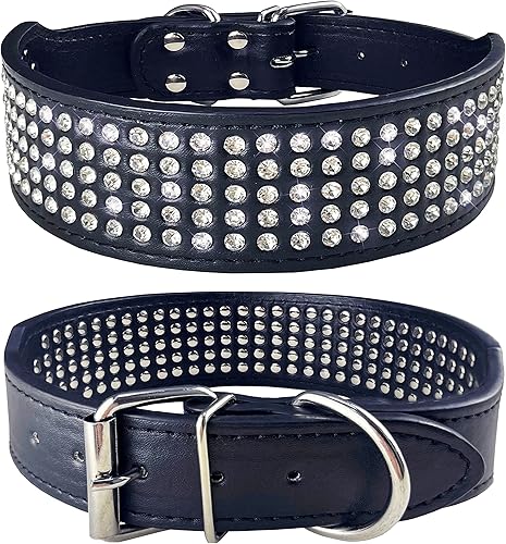 TEEMERRYCA Collares de perro de 5 filas de diamantes de imitación brillantes de 2 pulgadas de ancho, elegante collar de piel sintética con tachuelas