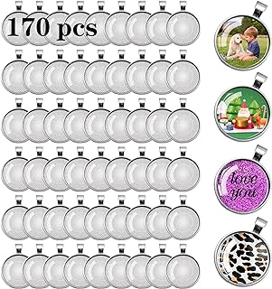 170Pcs Pendant Trays Kit, Round Cabochon and Tray Set, Alloy Tray Charms Bulk, Bezel Pendant Trays for Homemade Jewelry and Necklaces, DIY Crafts, Resin Art, Paint Pour Skins, Costume Jewelry