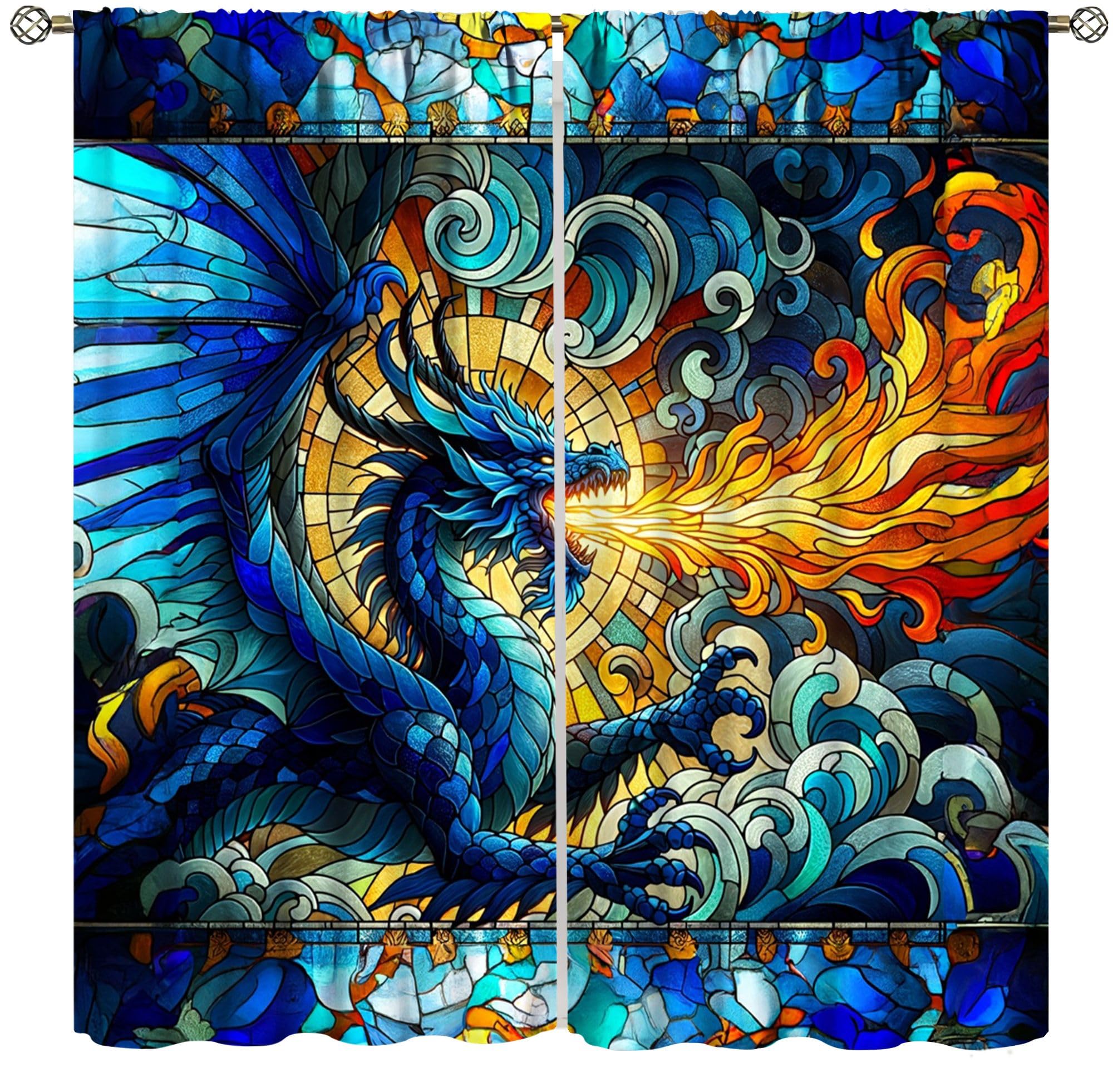 Rideaux en verre coloré dragon flamme de 106,7x114,3 cm pour chambre