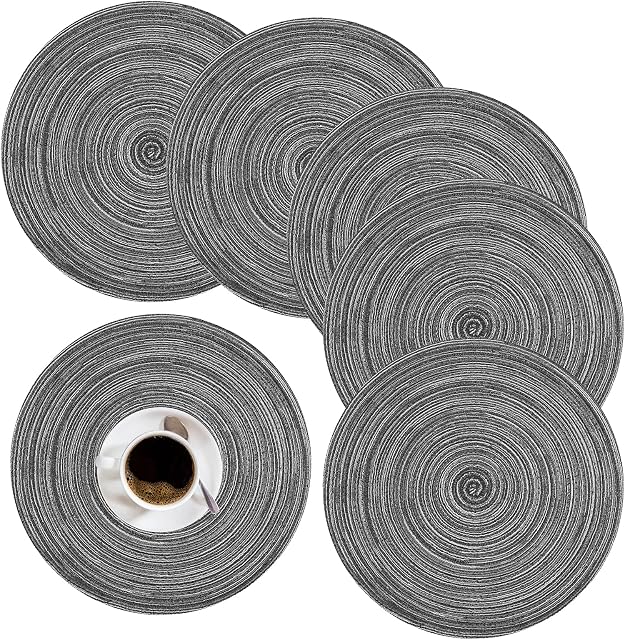 wiipara Round Placemats Set of 6, Heat Resistant Washable Round Braided Woven Place Mats Non Slip Table Mats for Dining Kitchen Table Indoor and Outdoor (Grey)