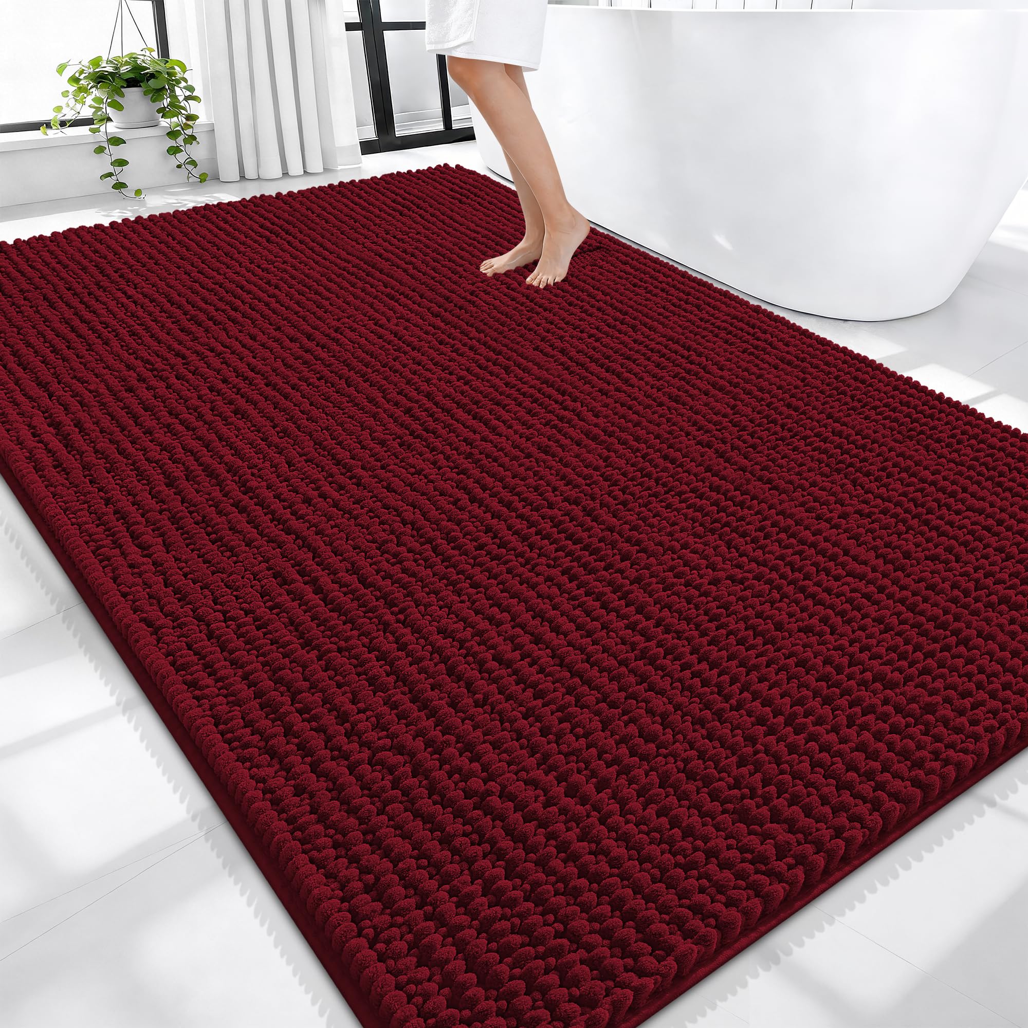 OLANLY Thick Chenille Large Bathroom Rugs Mats 70x46, Burgundy