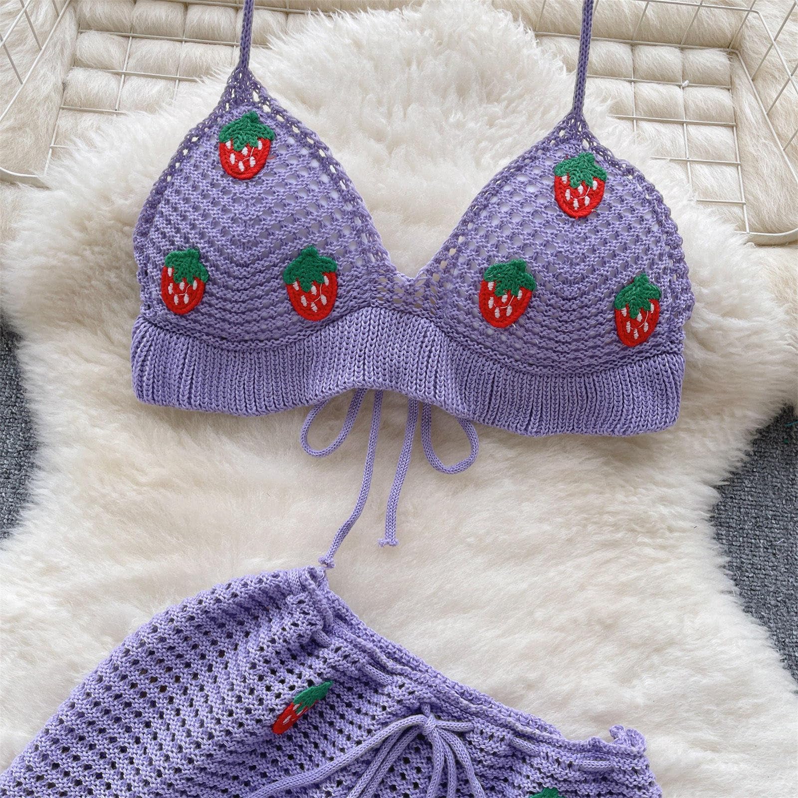 Jilneed Women Crochet Knitted Two Piece Outfit Hollow Out Bikini Halter Top and Mini Skirt Swimsuit Beach Cover Up Set: One Size Purple
